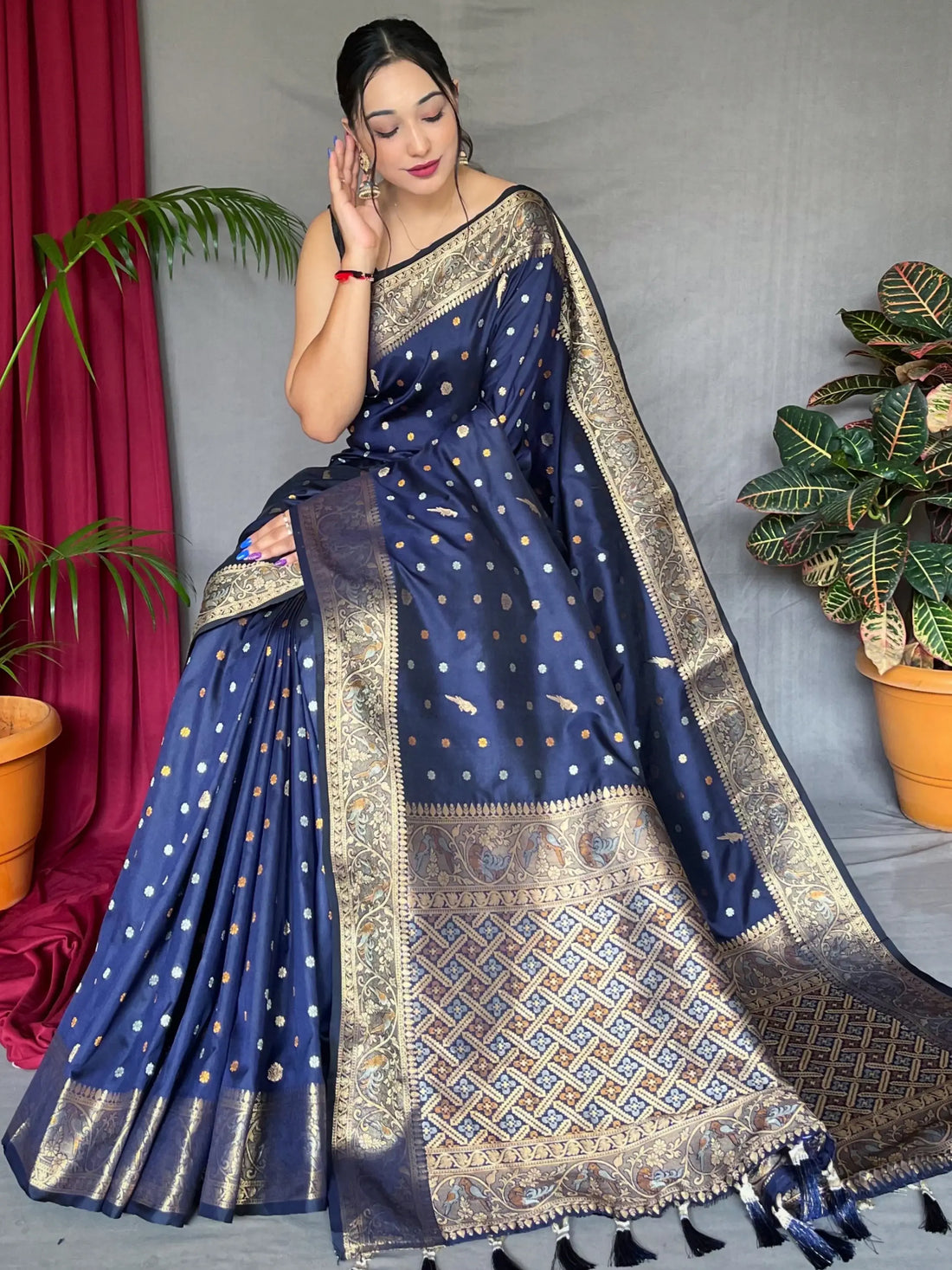 Alluring Navy Blue Zari Woven Silk Festival Wear Saree With Blouse - Zeel Clothing