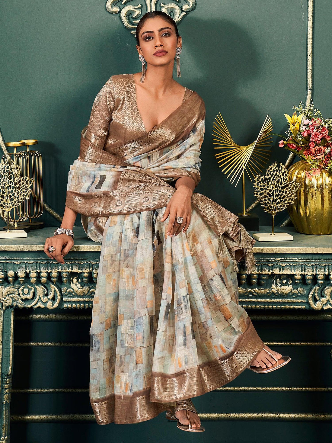 Alluring Off-White & Brown Printed Cotton Event Wear Saree With Blouse