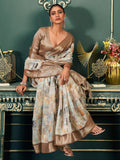 Alluring Off-White & Brown Printed Cotton Event Wear Saree With Blouse