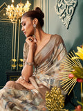 Alluring Off-White & Brown Printed Cotton Event Wear Saree With Blouse