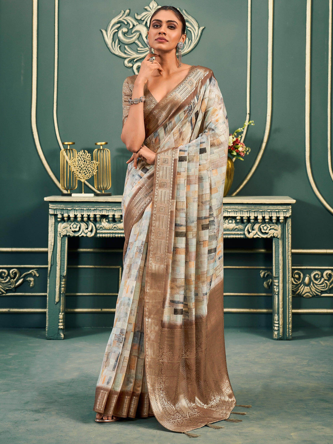 Alluring Off-White & Brown Printed Cotton Event Wear Saree With Blouse - Zeel Clothing