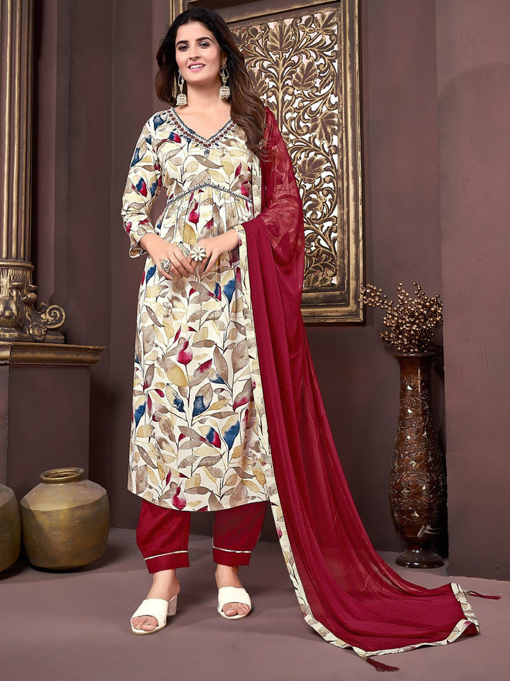 Alluring Off-White & Red Digital Printed Rayon Salwar Kameez