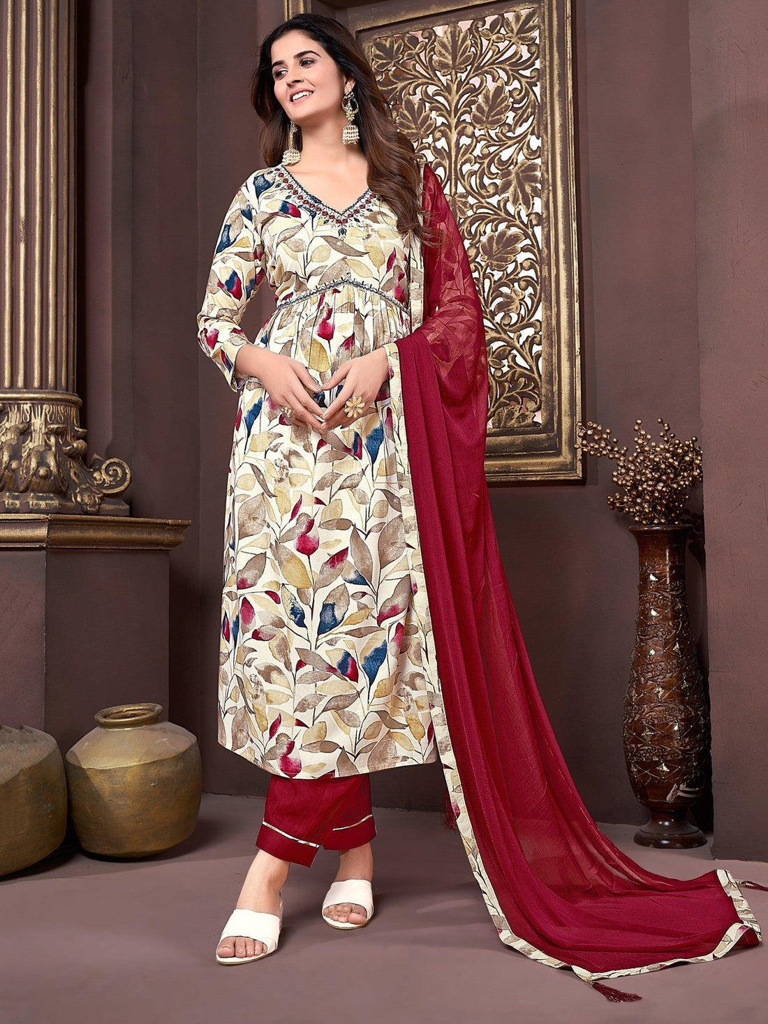 Alluring Off-White & Red Digital Printed Rayon Salwar Kameez