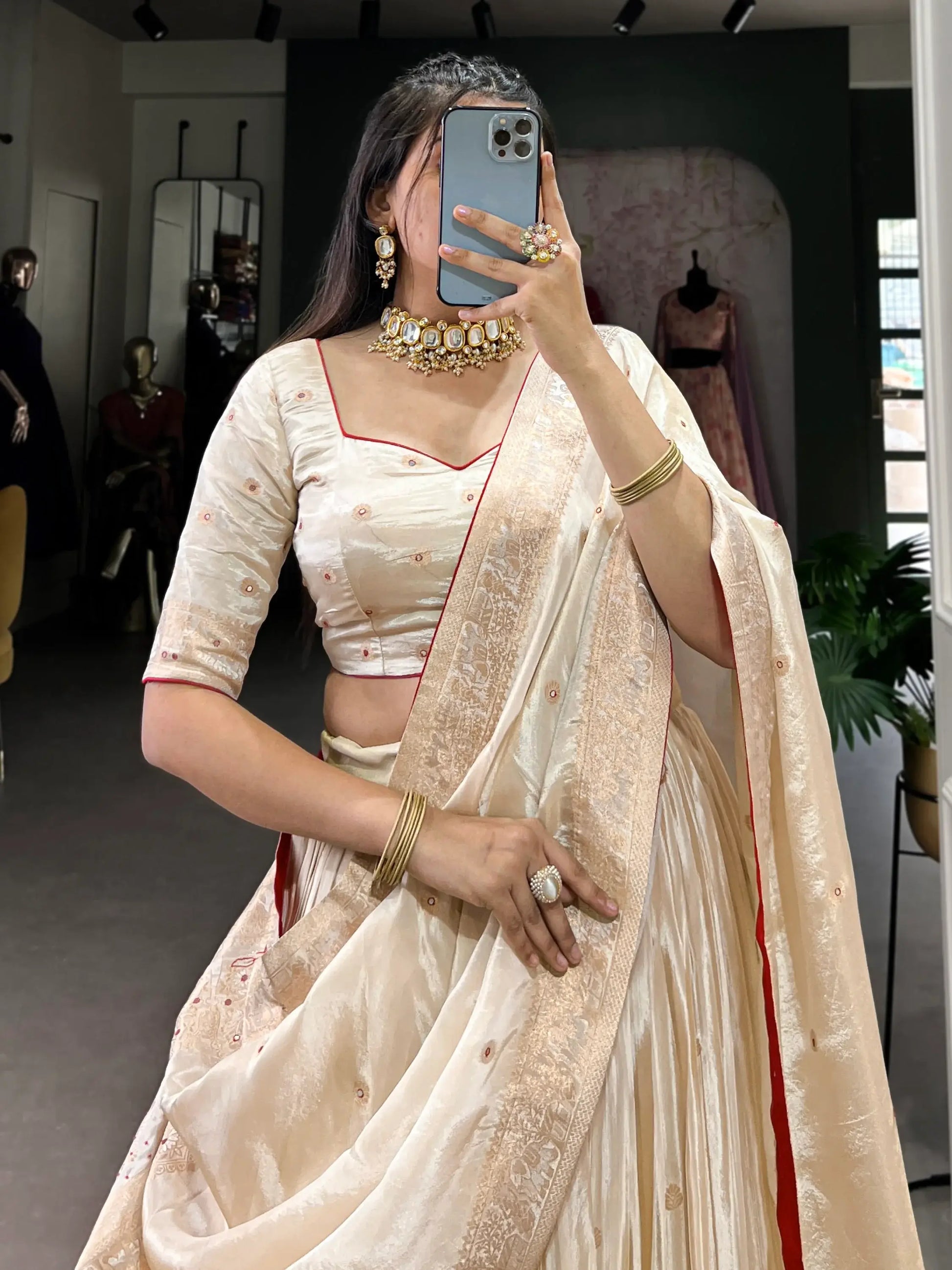 Alluring Off-White Bead Work Silk Wedding Wear Lehenga Choli With Dupatta - Zeel Clothing