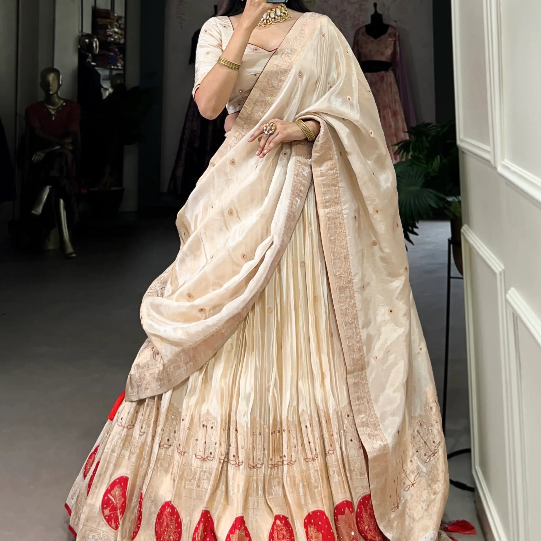 Alluring Off-White Bead Work Silk Wedding Wear Lehenga Choli With Dupatta - Zeel Clothing