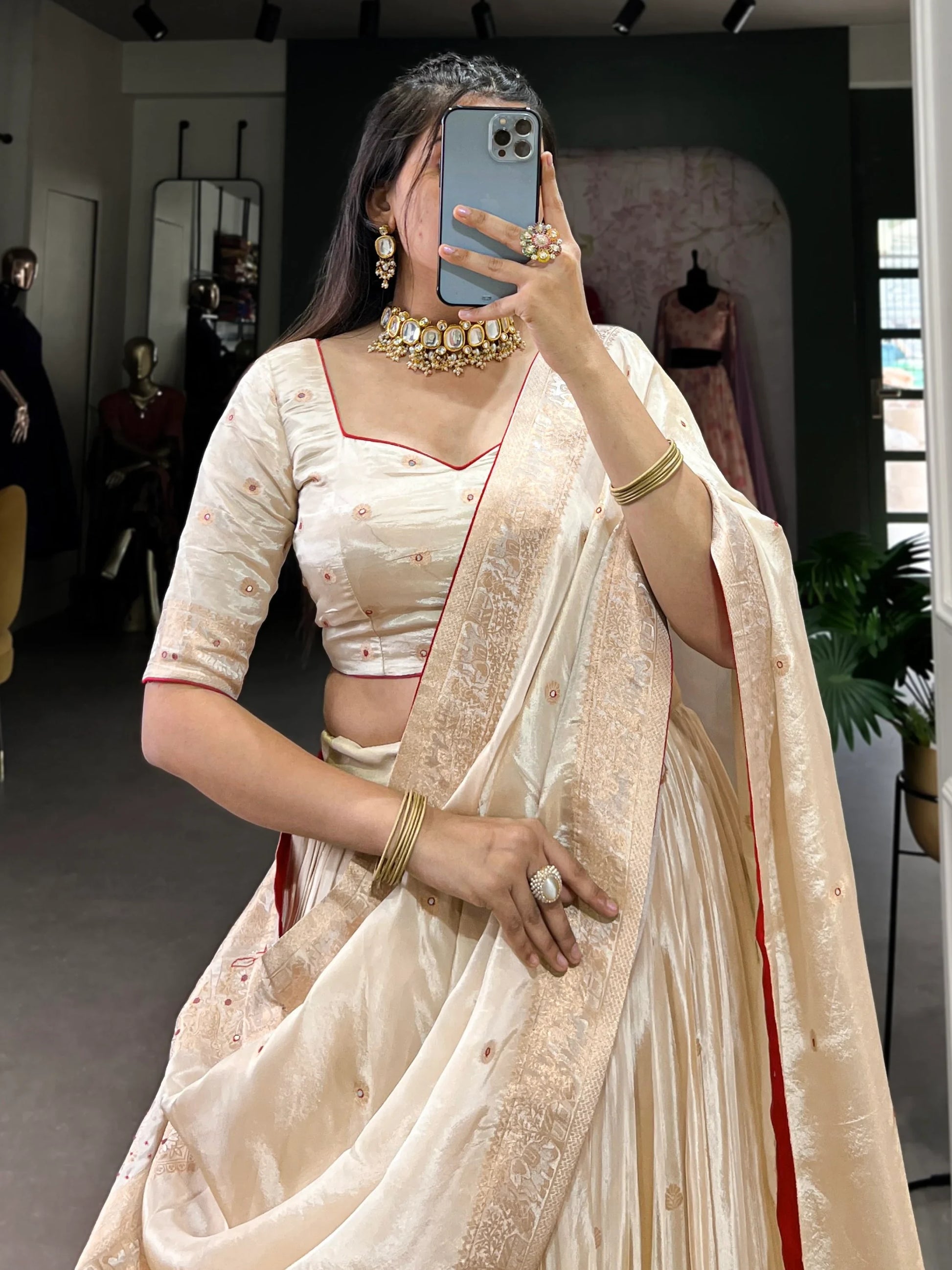 Alluring Off-White Bead Work Silk Wedding Wear Lehenga Choli With Dupatta - Zeel Clothing