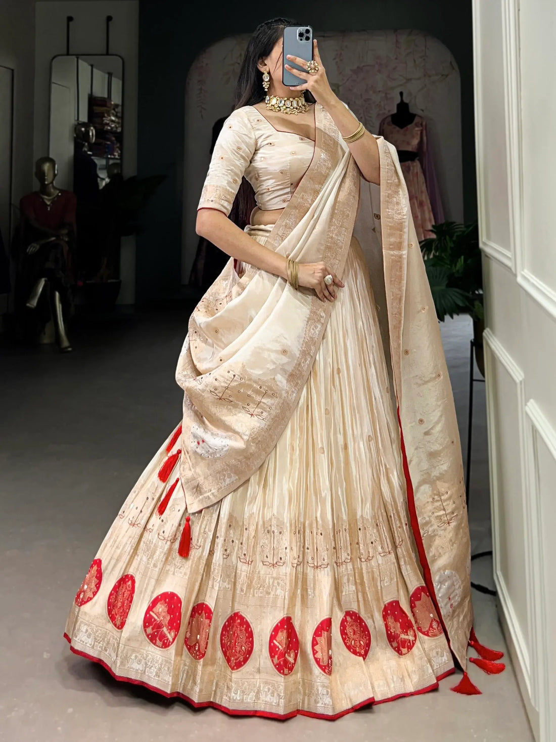 Alluring Off-White Bead Work Silk Wedding Wear Lehenga Choli With Dupatta - Zeel Clothing