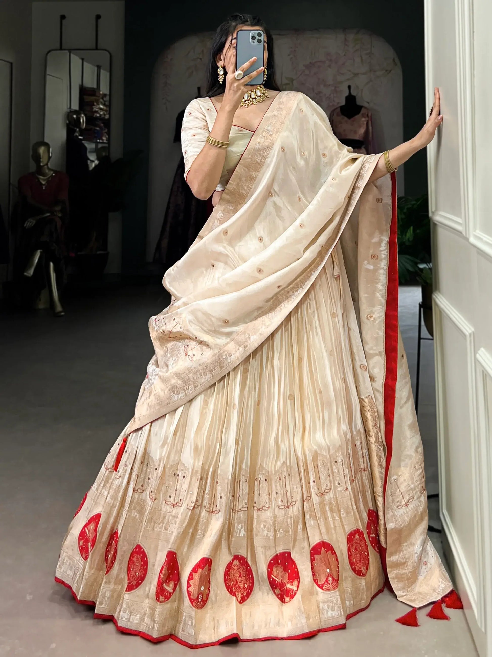 Alluring Off-White Bead Work Silk Wedding Wear Lehenga Choli With Dupatta - Zeel Clothing