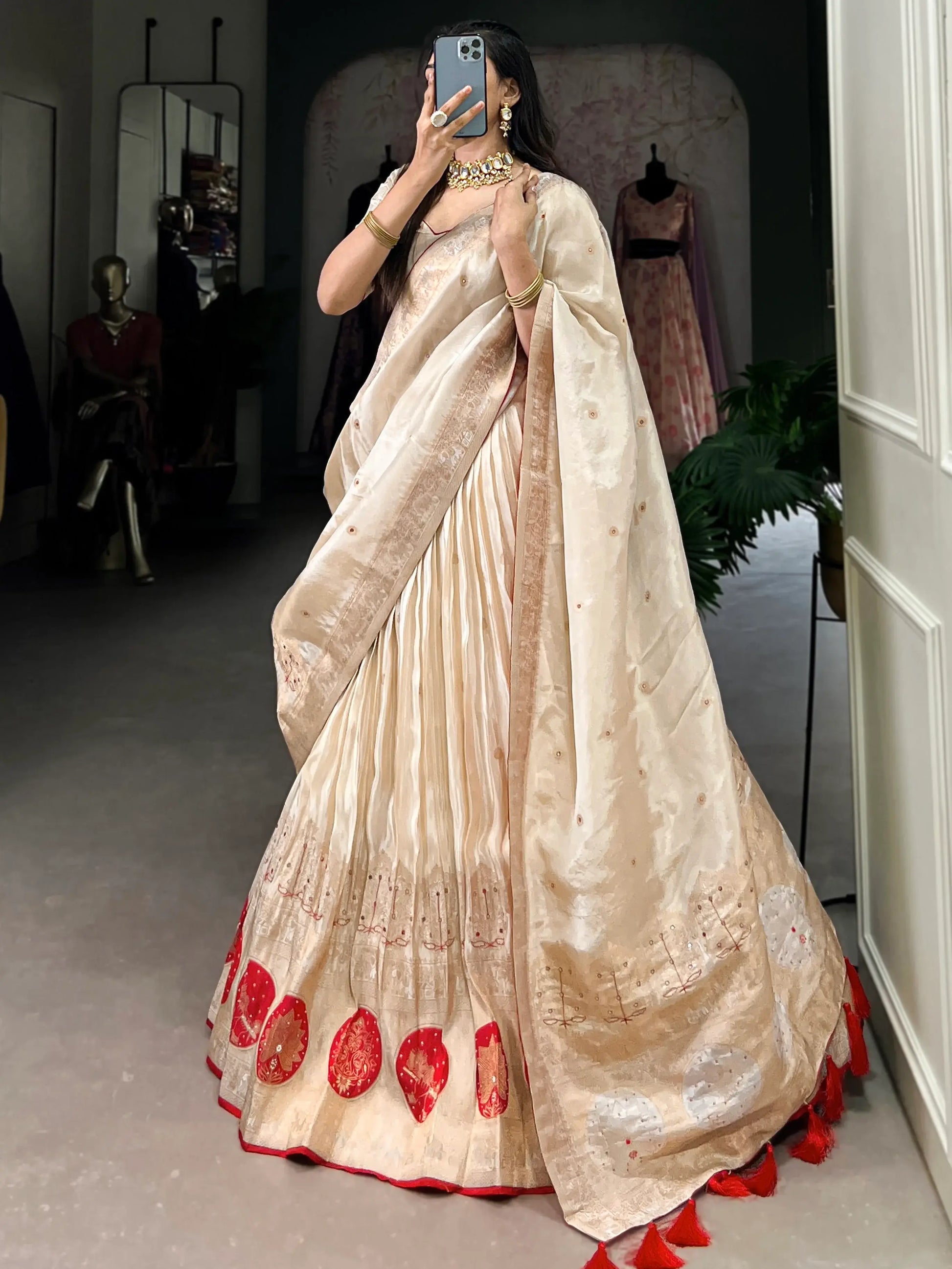 Alluring Off-White Bead Work Silk Wedding Wear Lehenga Choli With Dupatta - Zeel Clothing