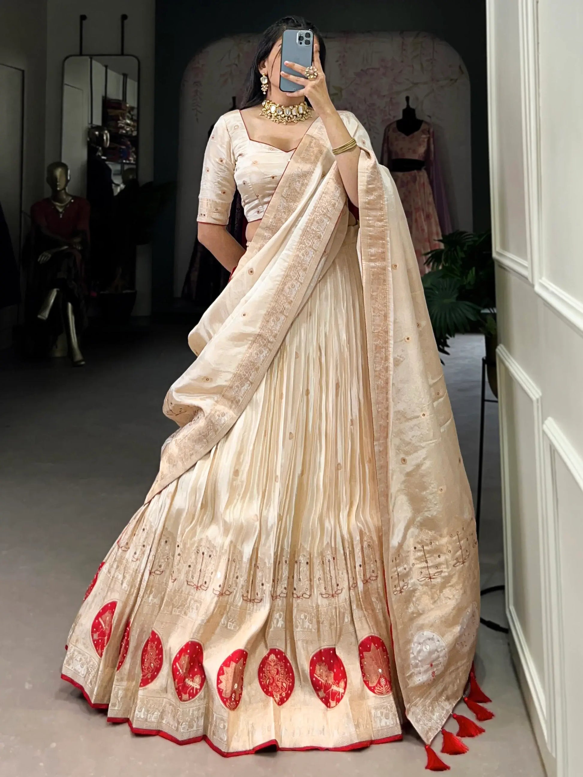 Alluring Off-White Bead Work Silk Wedding Wear Lehenga Choli With Dupatta - Zeel Clothing