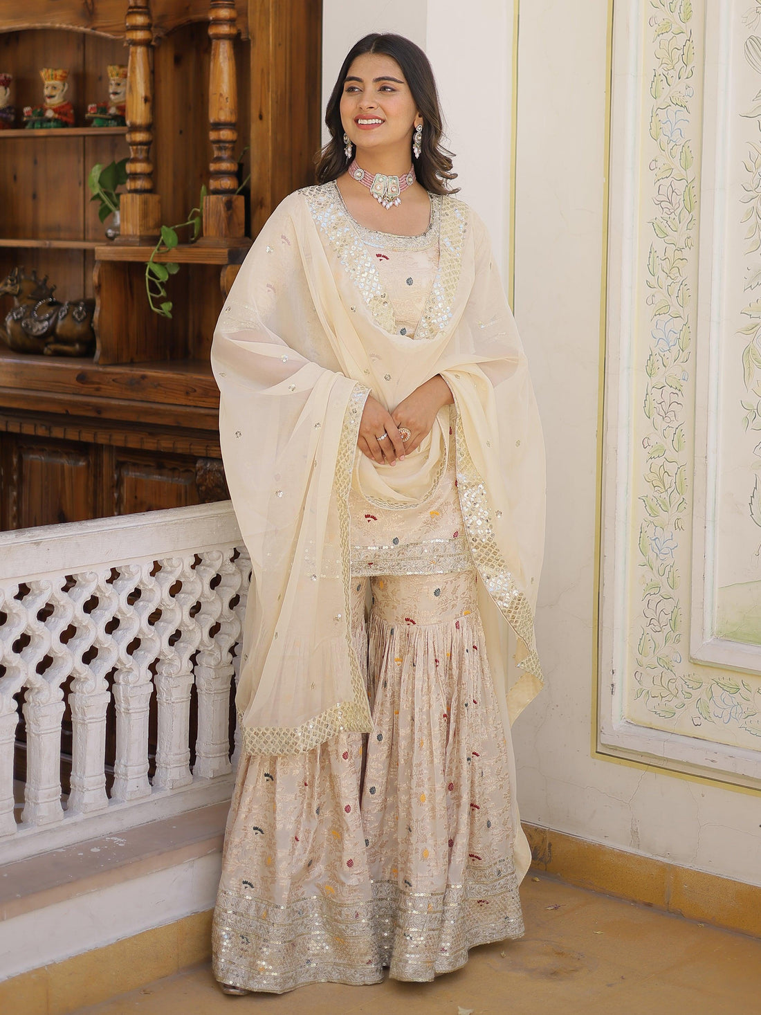 Alluring Off-White Embroidered Jacquard Designer Sharara Suit