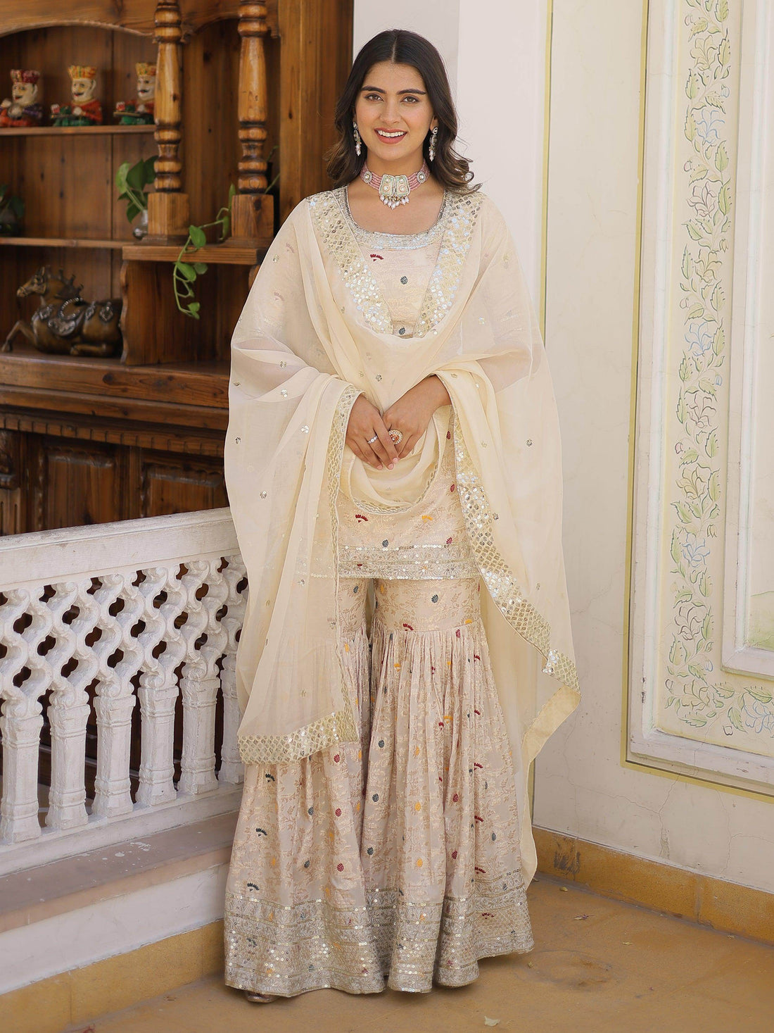 Alluring Off-White Embroidered Jacquard Designer Sharara Suit - Zeel Clothing