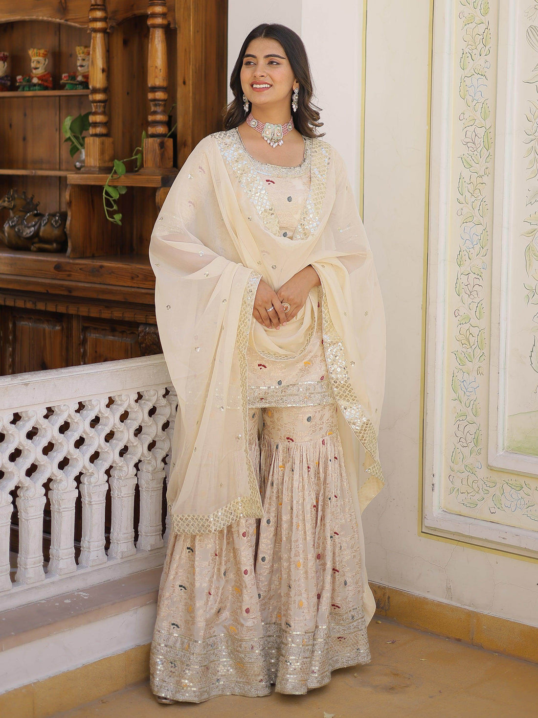 Alluring Off-White Embroidered Jacquard Designer Sharara Suit - Zeel Clothing