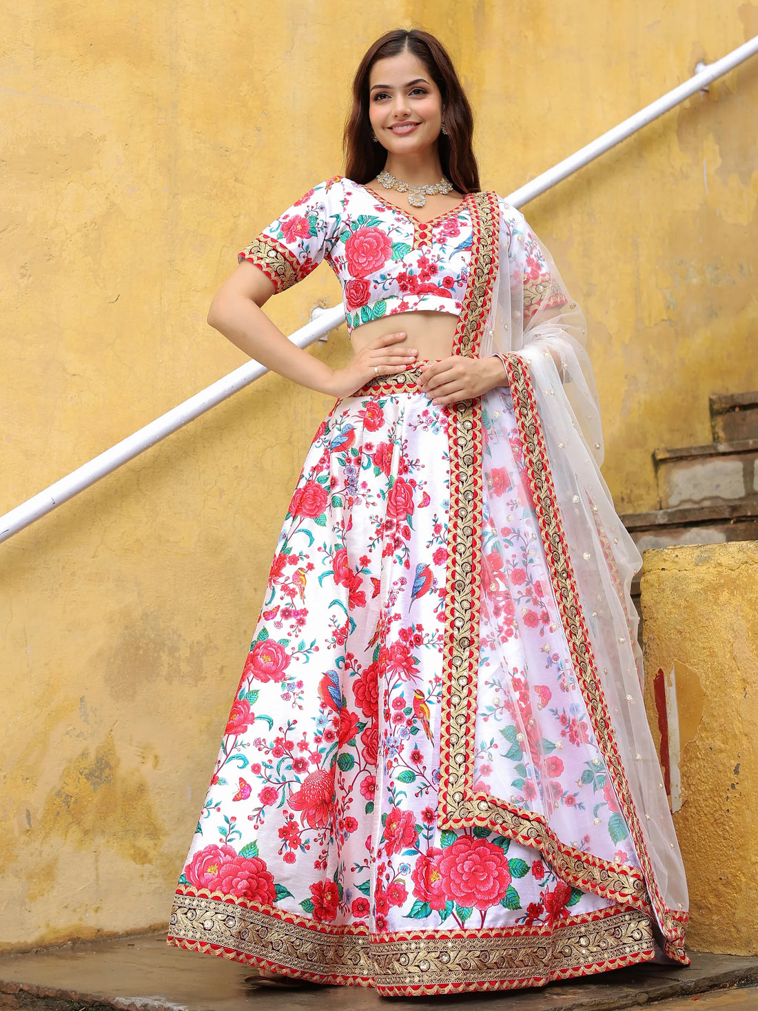 Alluring Off-White Floral Printed Art Silk Sangeet Wear Lehenga Choli - Zeel Clothing