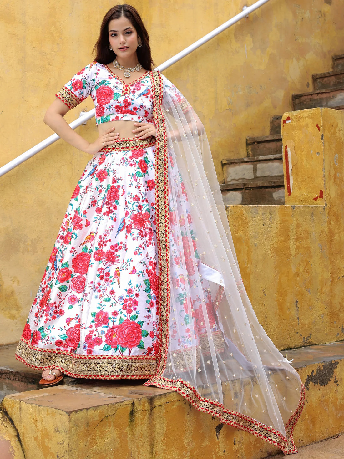 Alluring Off-White Floral Printed Art Silk Sangeet Wear Lehenga Choli - Zeel Clothing