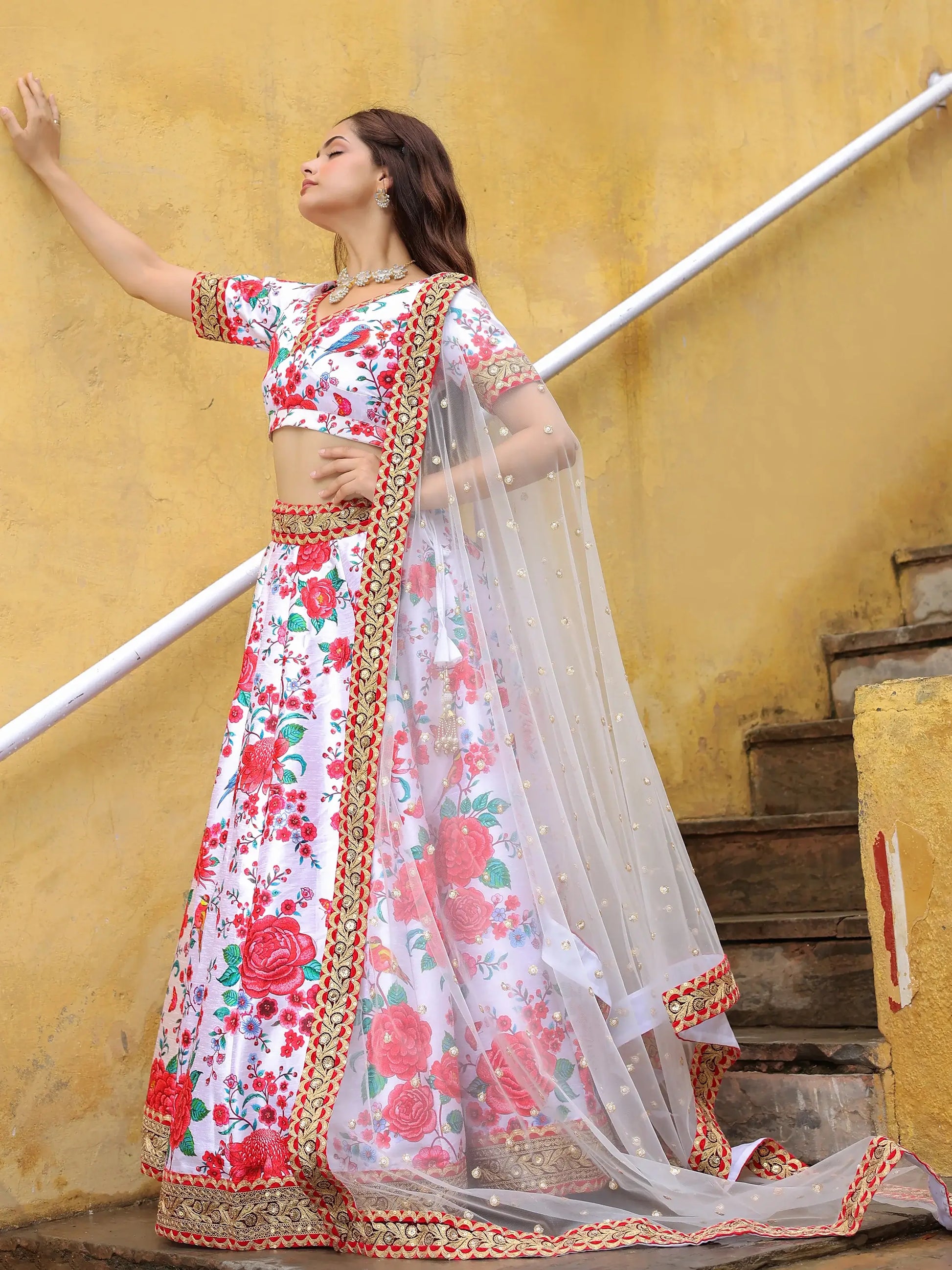 Alluring Off-White Floral Printed Art Silk Sangeet Wear Lehenga Choli - Zeel Clothing
