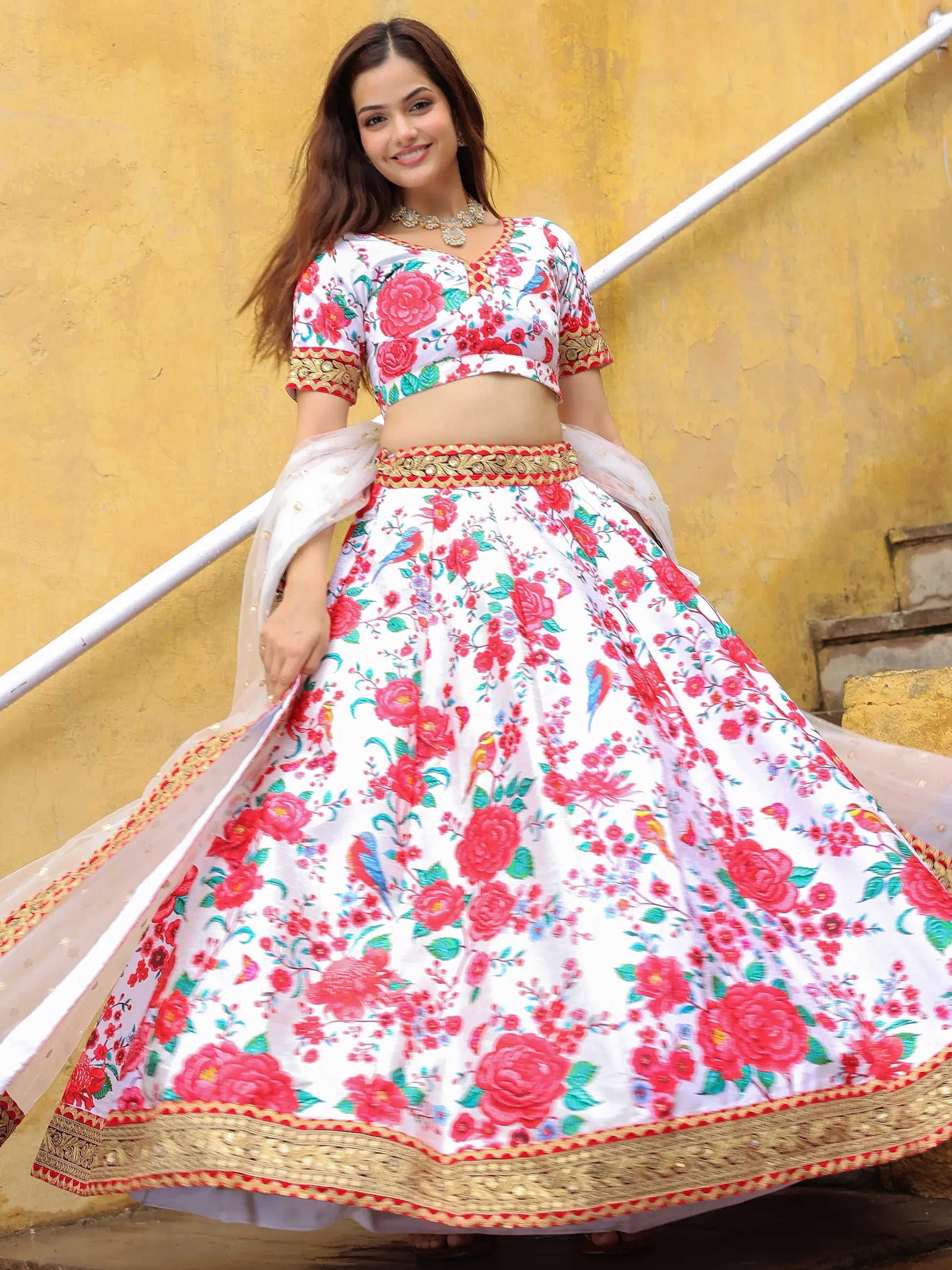 Alluring Off-White Floral Printed Art Silk Sangeet Wear Lehenga Choli - Zeel Clothing