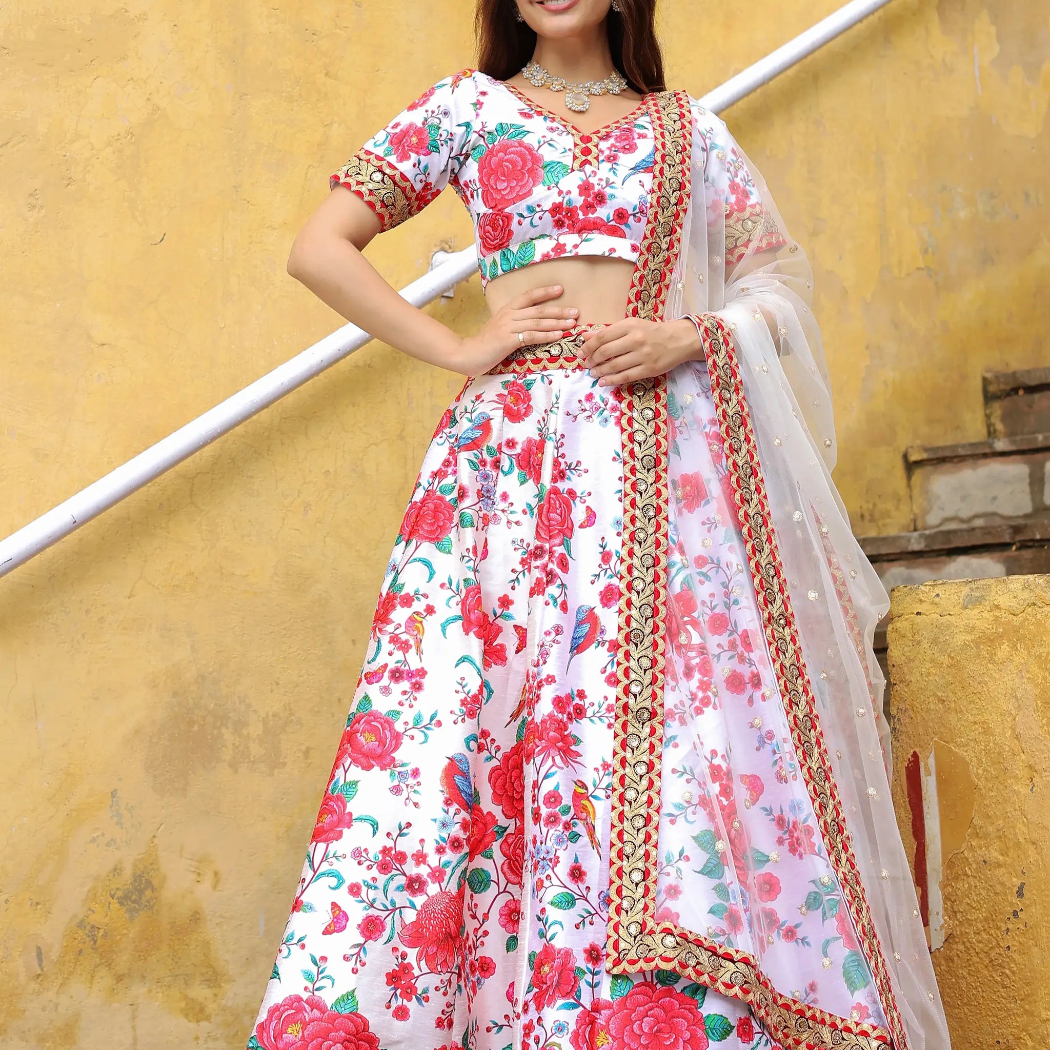 Alluring Off-White Floral Printed Art Silk Sangeet Wear Lehenga Choli - Zeel Clothing