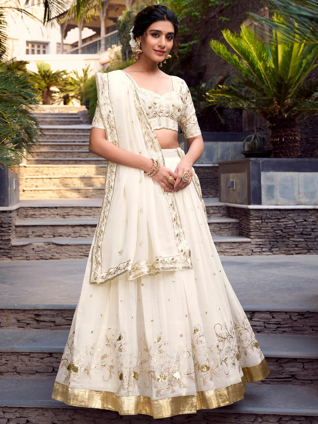 Alluring Off-White Foil Work Silk Wedding Wear Lehenga Choli - Zeel Clothing