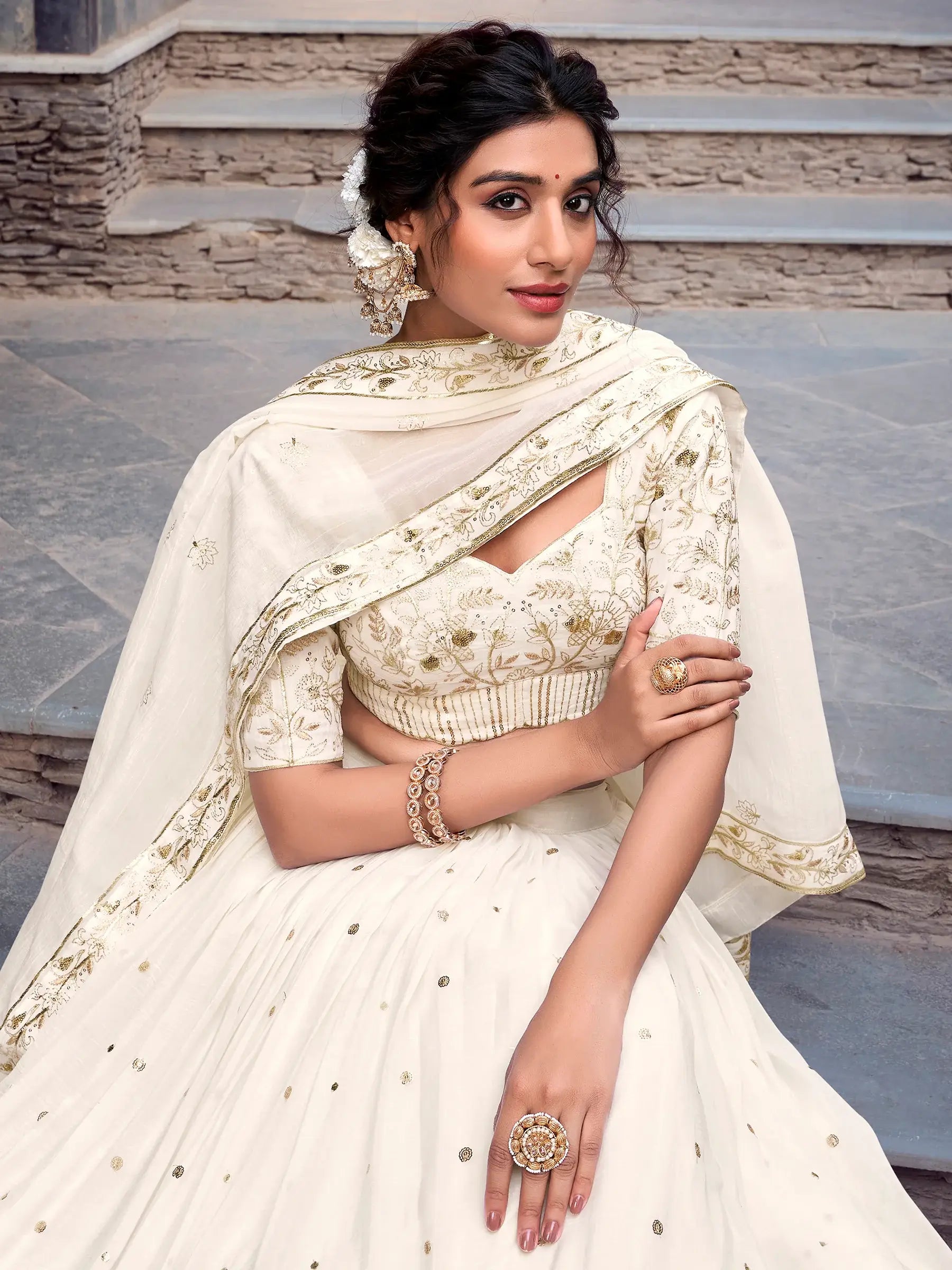Alluring Off-White Foil Work Silk Wedding Wear Lehenga Choli - Zeel Clothing