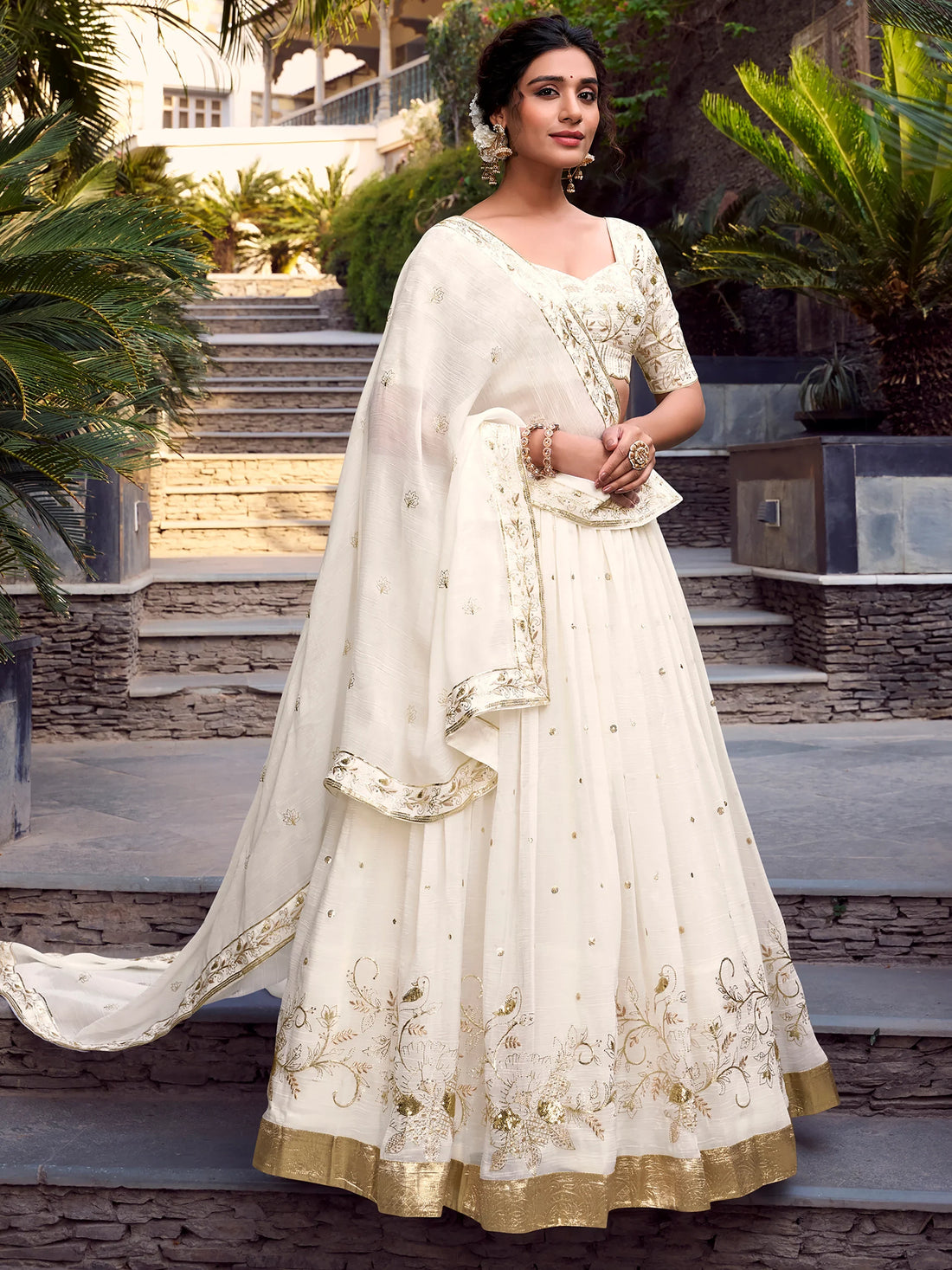 Alluring Off-White Foil Work Silk Wedding Wear Lehenga Choli - Zeel Clothing