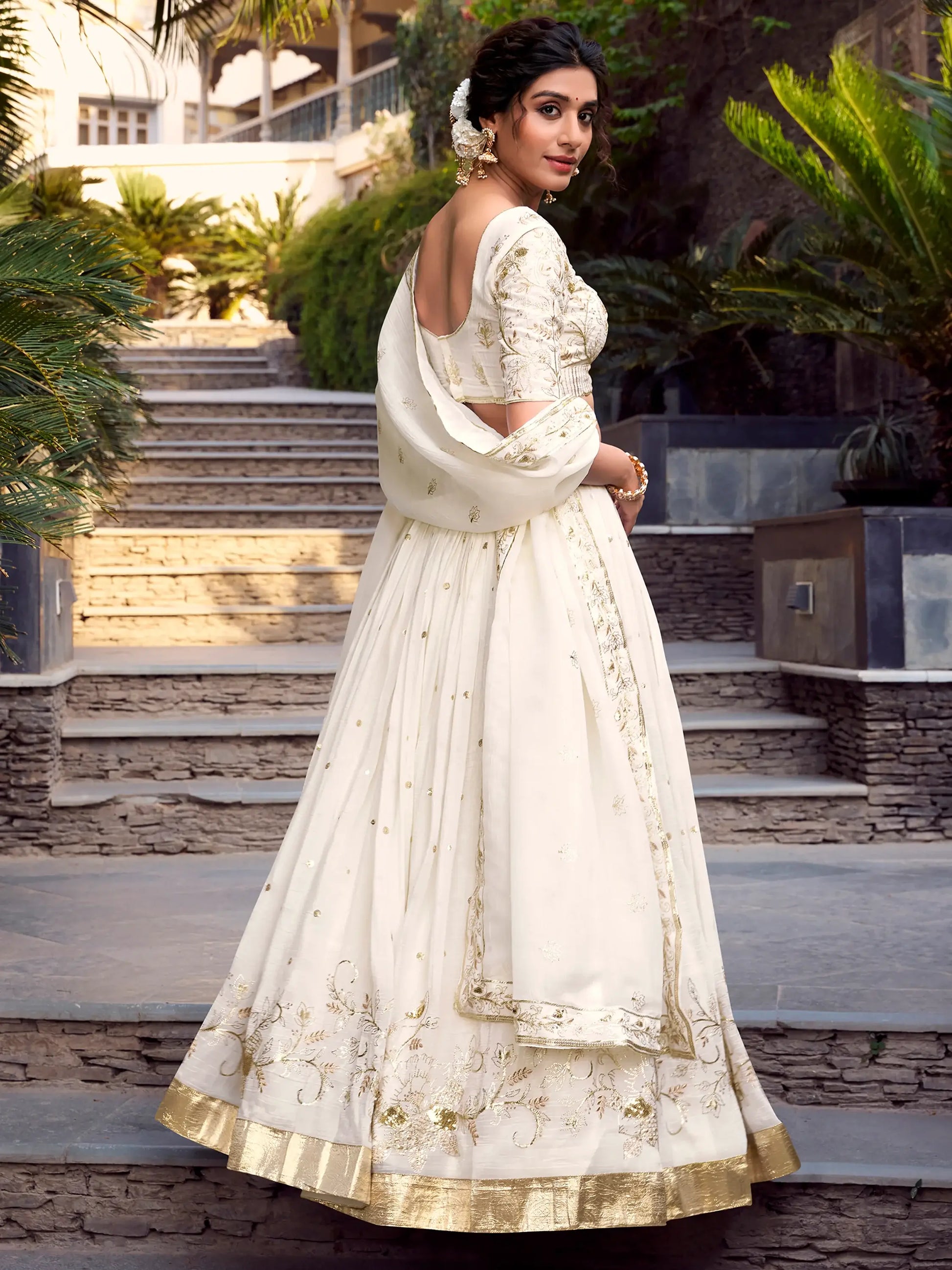 Alluring Off-White Foil Work Silk Wedding Wear Lehenga Choli - Zeel Clothing