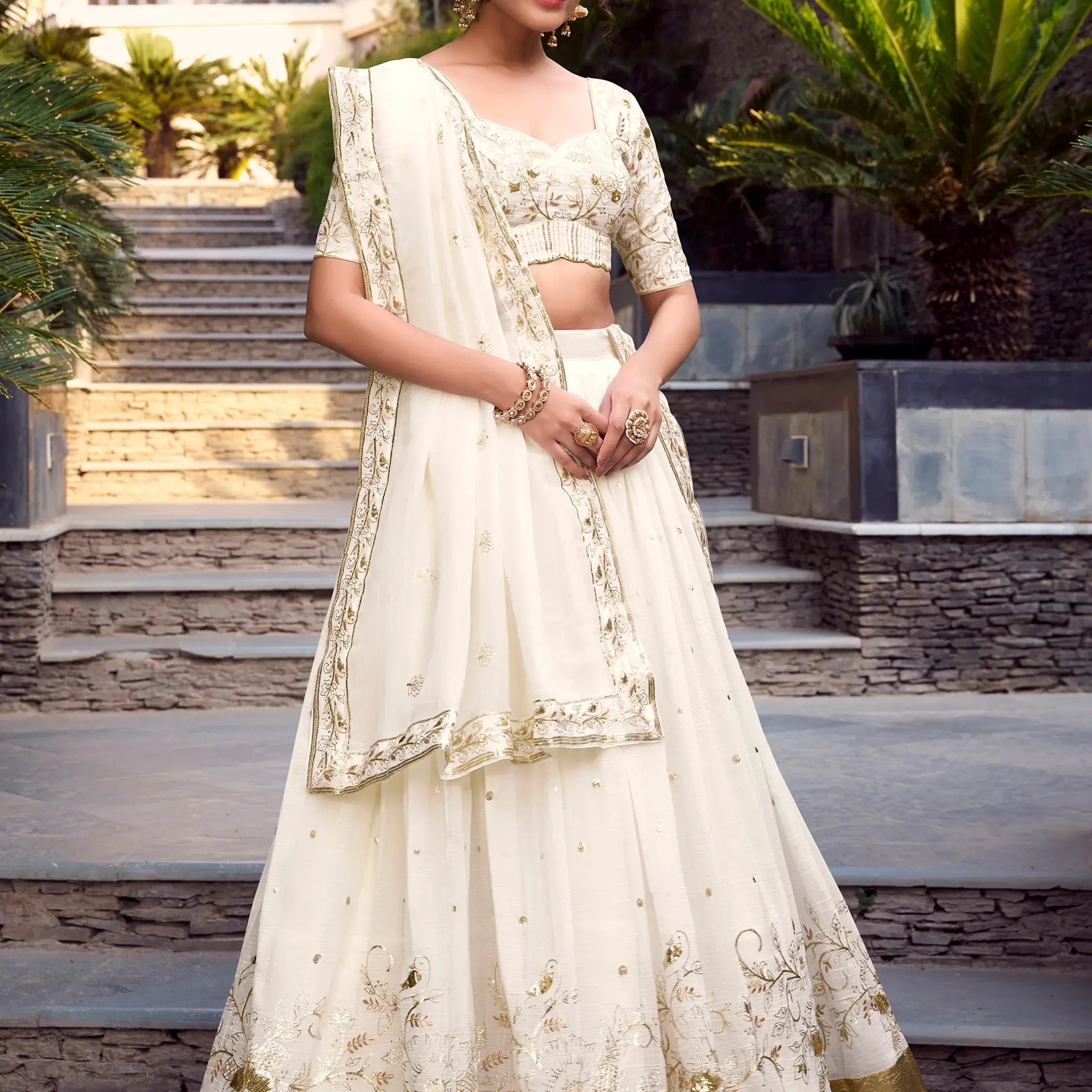 Alluring Off-White Foil Work Silk Wedding Wear Lehenga Choli - Zeel Clothing