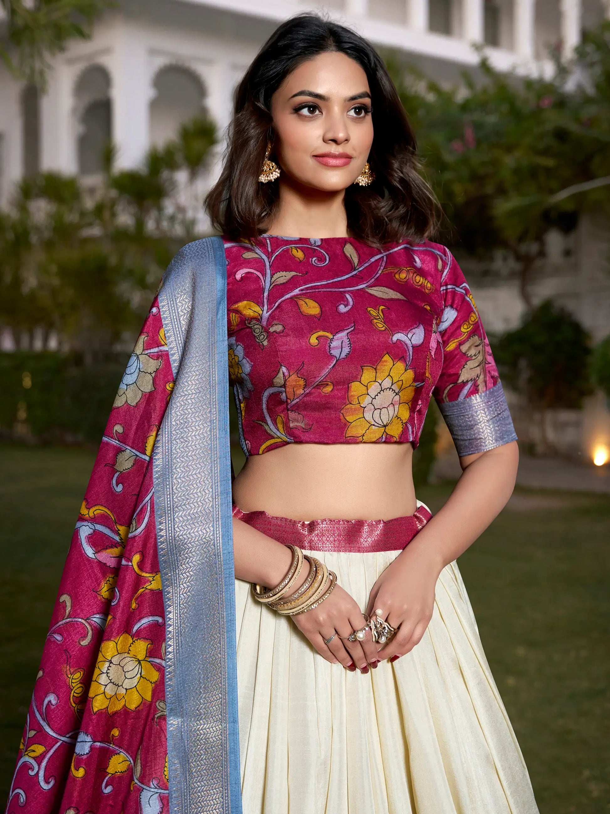 Alluring Off-White Kalamkari Printed Silk Onam Special Lehenga Choli - Zeel Clothing