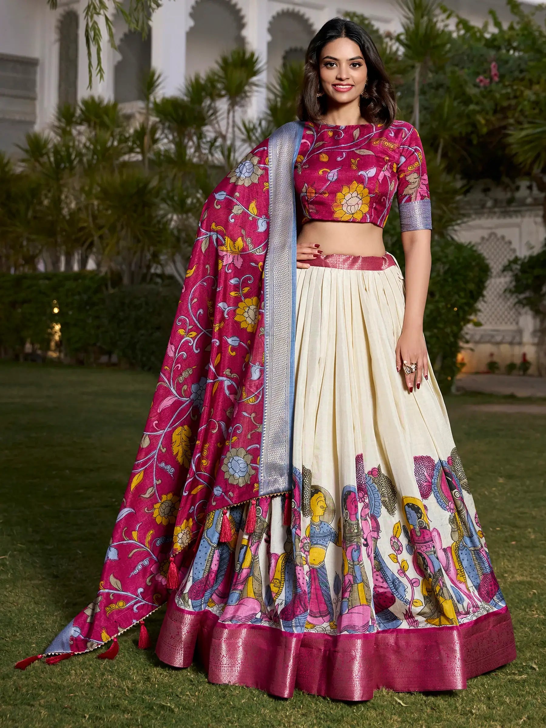 Alluring Off-White Kalamkari Printed Silk Onam Special Lehenga Choli - Zeel Clothing
