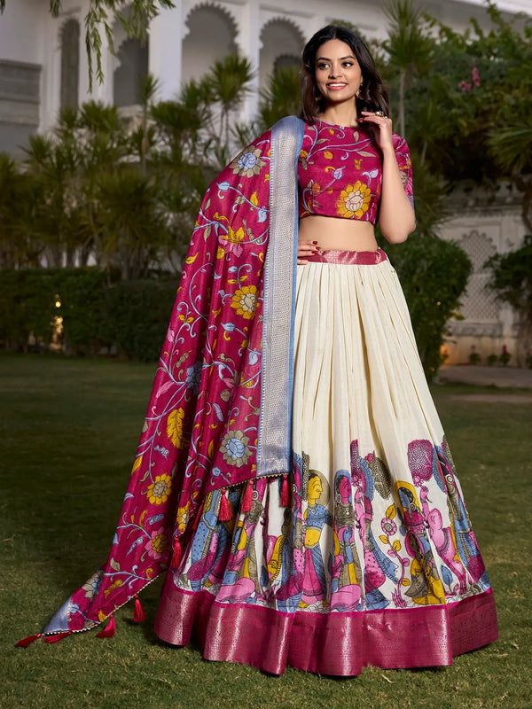 Alluring Off-White Kalamkari Printed Silk Onam Special Lehenga Choli - Zeel Clothing