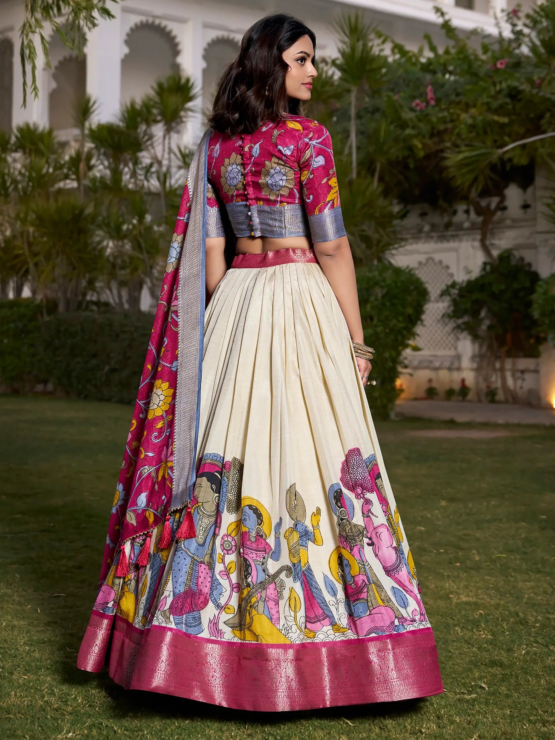 Alluring Off-White Kalamkari Printed Silk Onam Special Lehenga Choli - Zeel Clothing