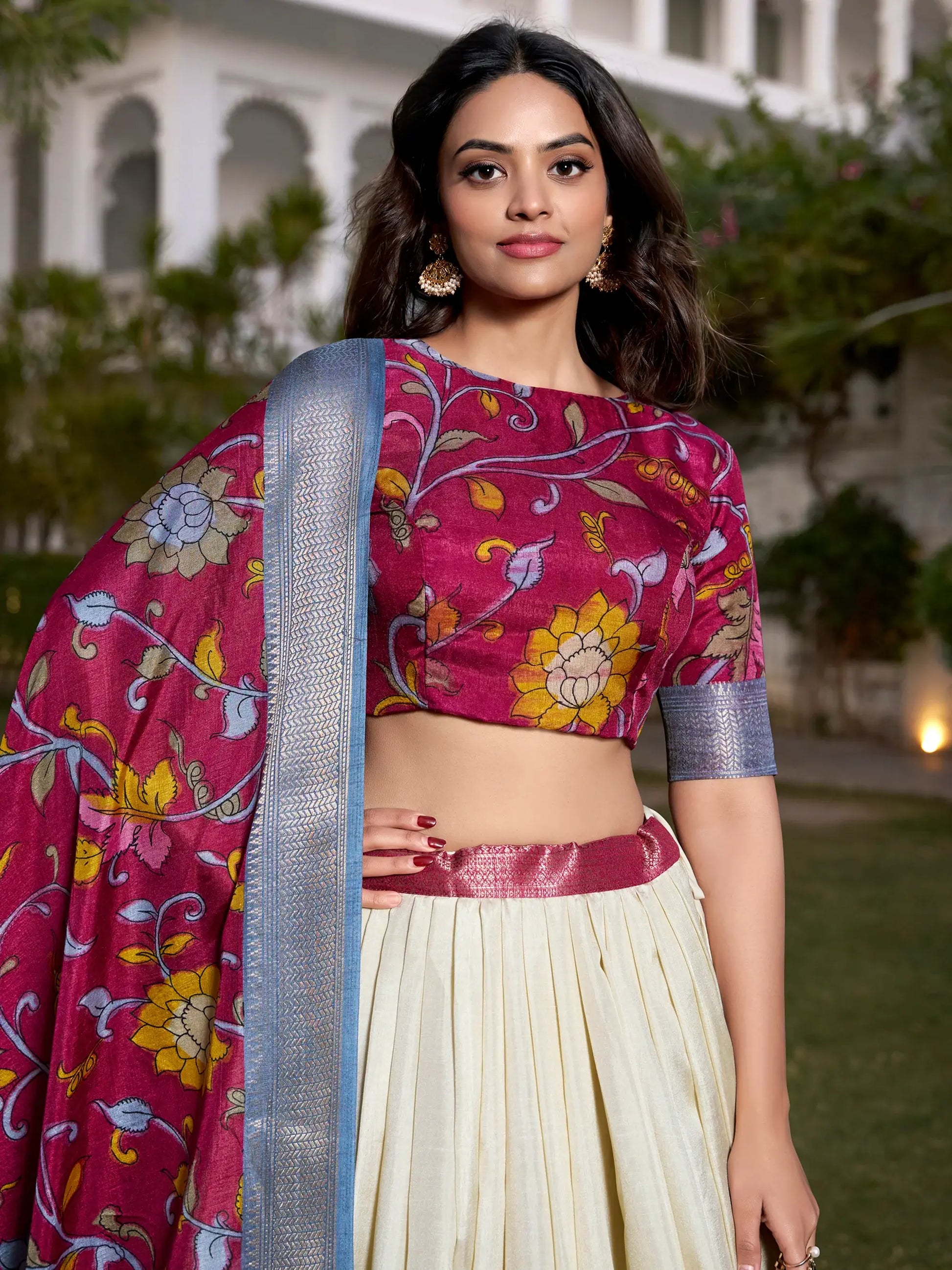 Alluring Off-White Kalamkari Printed Silk Onam Special Lehenga Choli - Zeel Clothing