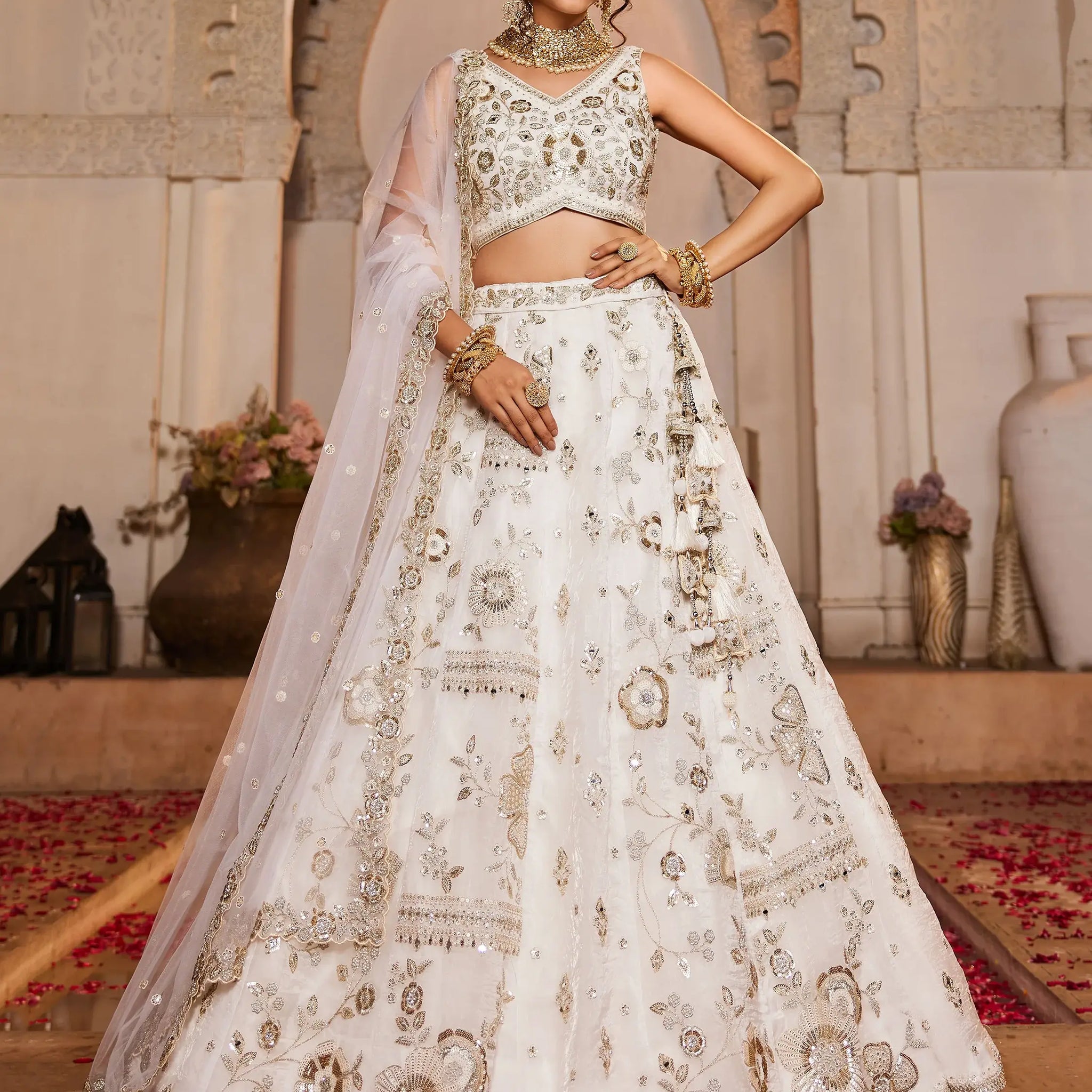 Alluring Off-White Sequins Work Tissue Silk Designer Lehenga Choli With Dupatta - Zeel Clothing