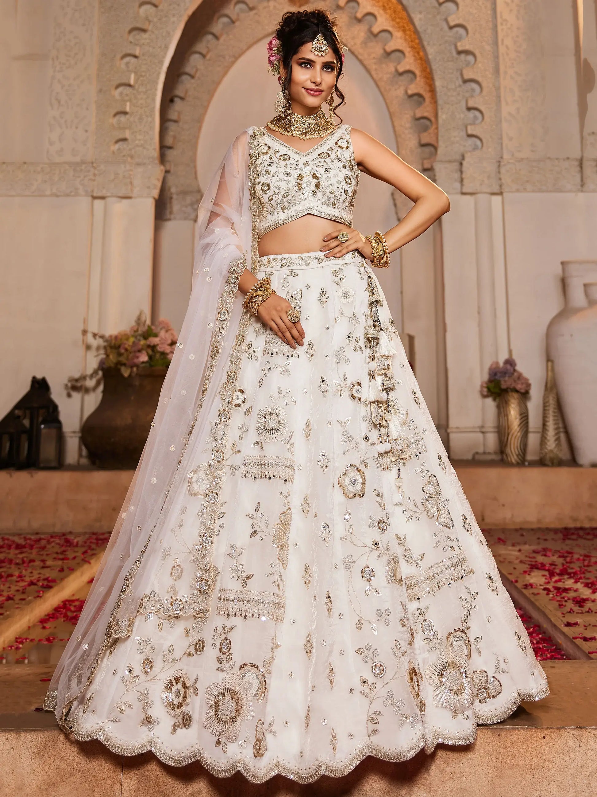 Alluring Off-White Sequins Work Tissue Silk Designer Lehenga Choli With Dupatta - Zeel Clothing