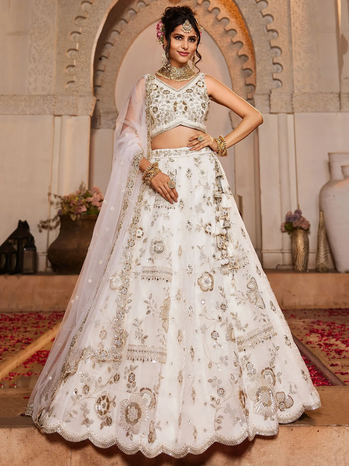 Alluring Off-White Sequins Work Tissue Silk Designer Lehenga Choli With Dupatta - Zeel Clothing