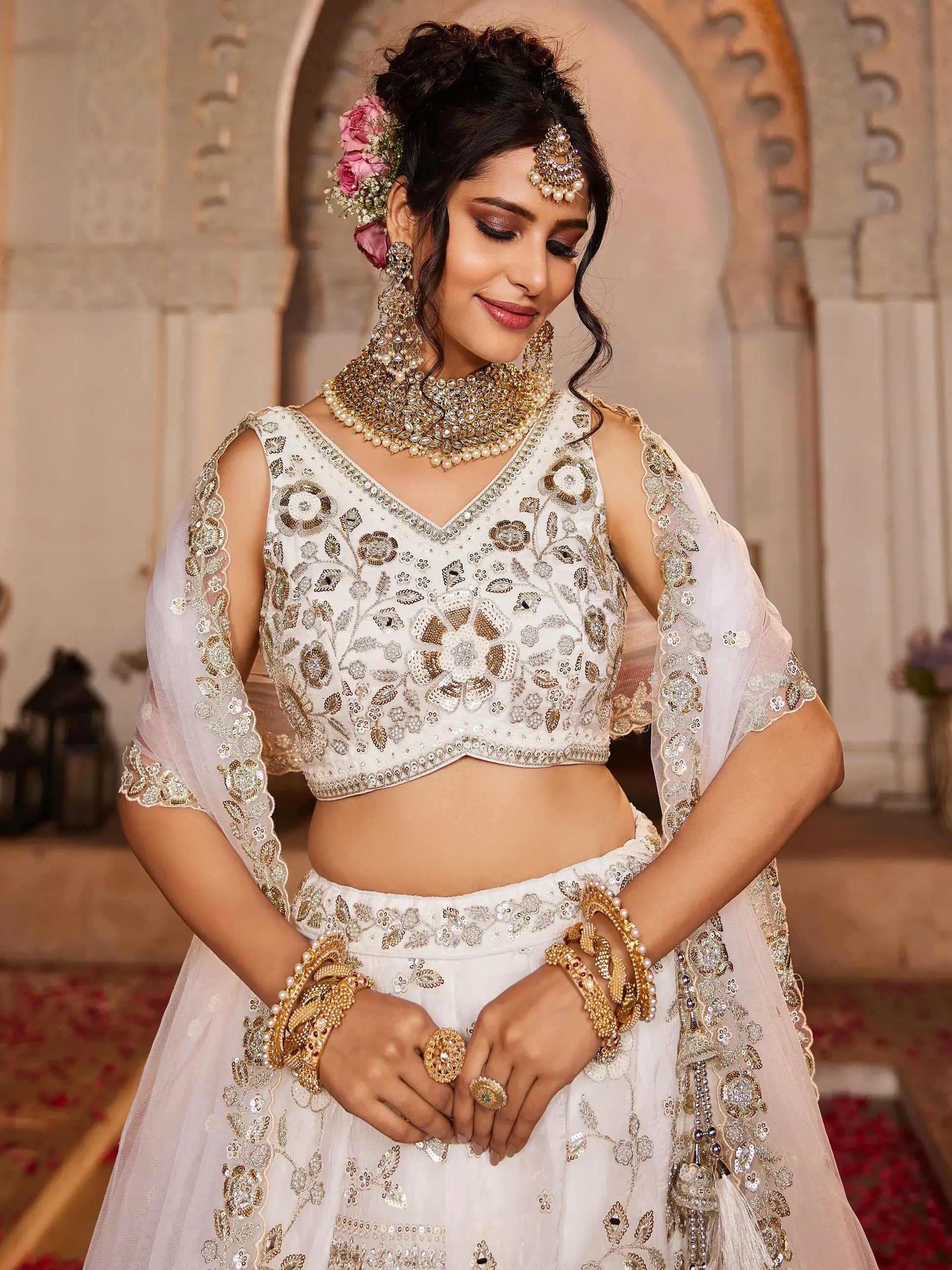 Alluring Off-White Sequins Work Tissue Silk Designer Lehenga Choli With Dupatta - Zeel Clothing