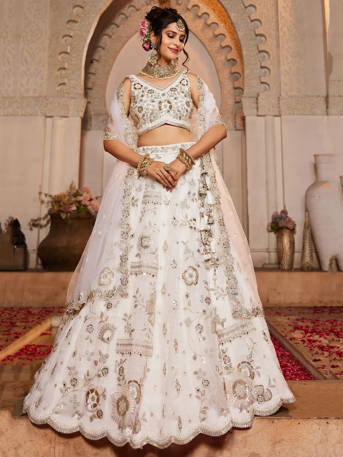 Alluring Off-White Sequins Work Tissue Silk Designer Lehenga Choli With Dupatta - Zeel Clothing