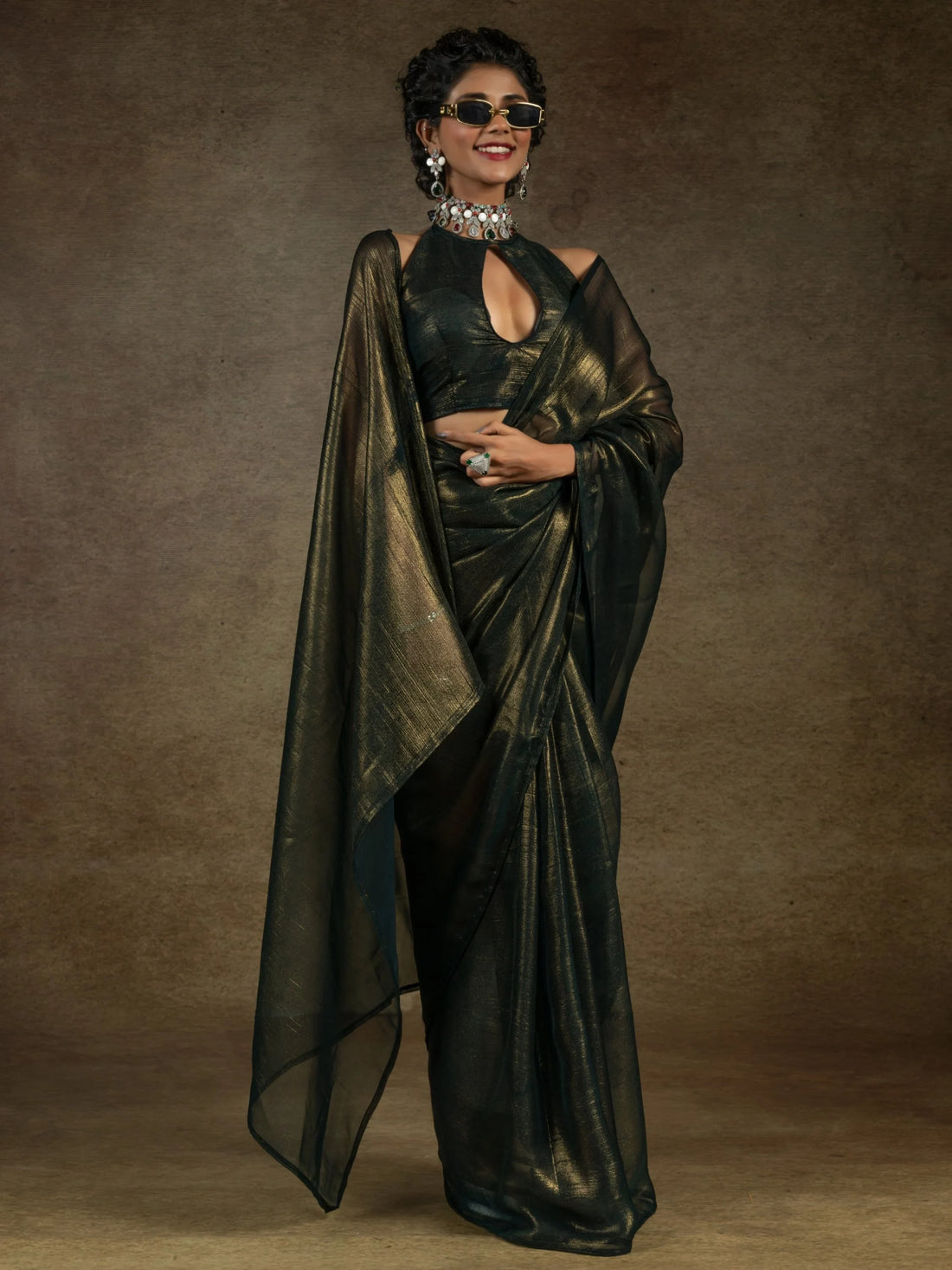 Alluring Olive Green Chiffon Designer Pre-Stitched Saree With Blouse - Zeel Clothing