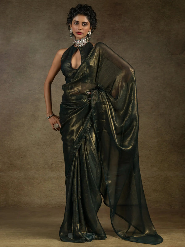 Alluring Olive Green Chiffon Designer Pre-Stitched Saree With Blouse - Zeel Clothing