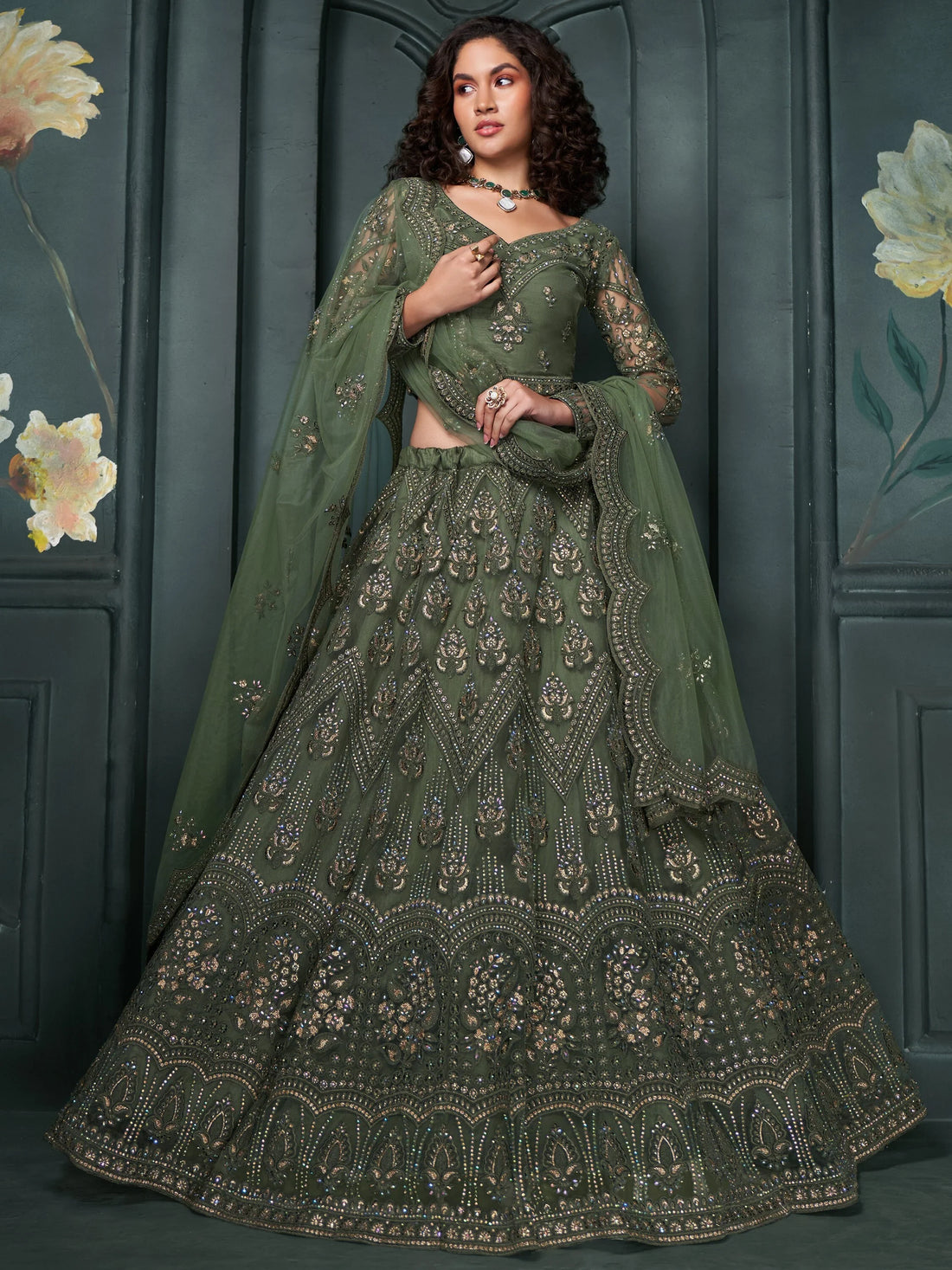 Alluring Olive Green Embroidered Net Mehendi Wear Lehenga Choli - Zeel Clothing