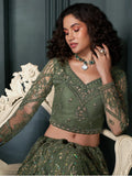 Alluring Olive Green Embroidered Net Mehendi Wear Lehenga Choli - Zeel Clothing