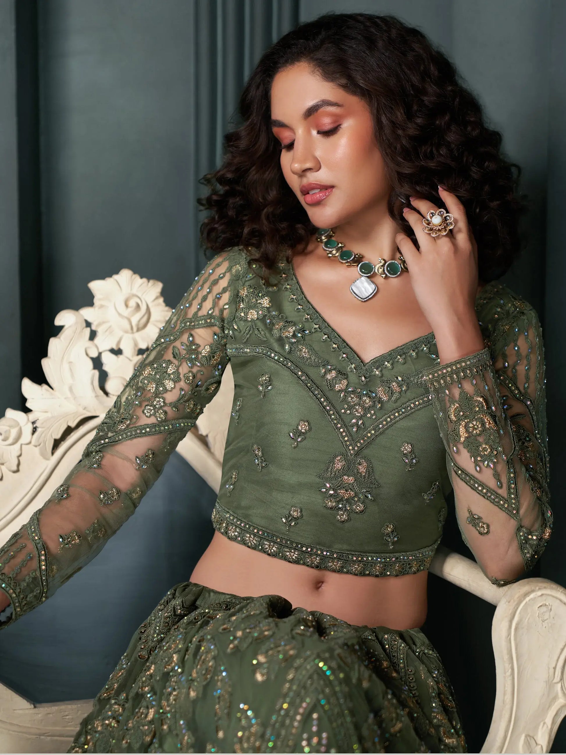 Alluring Olive Green Embroidered Net Mehendi Wear Lehenga Choli - Zeel Clothing