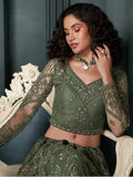 Alluring Olive Green Embroidered Net Mehendi Wear Lehenga Choli - Zeel Clothing