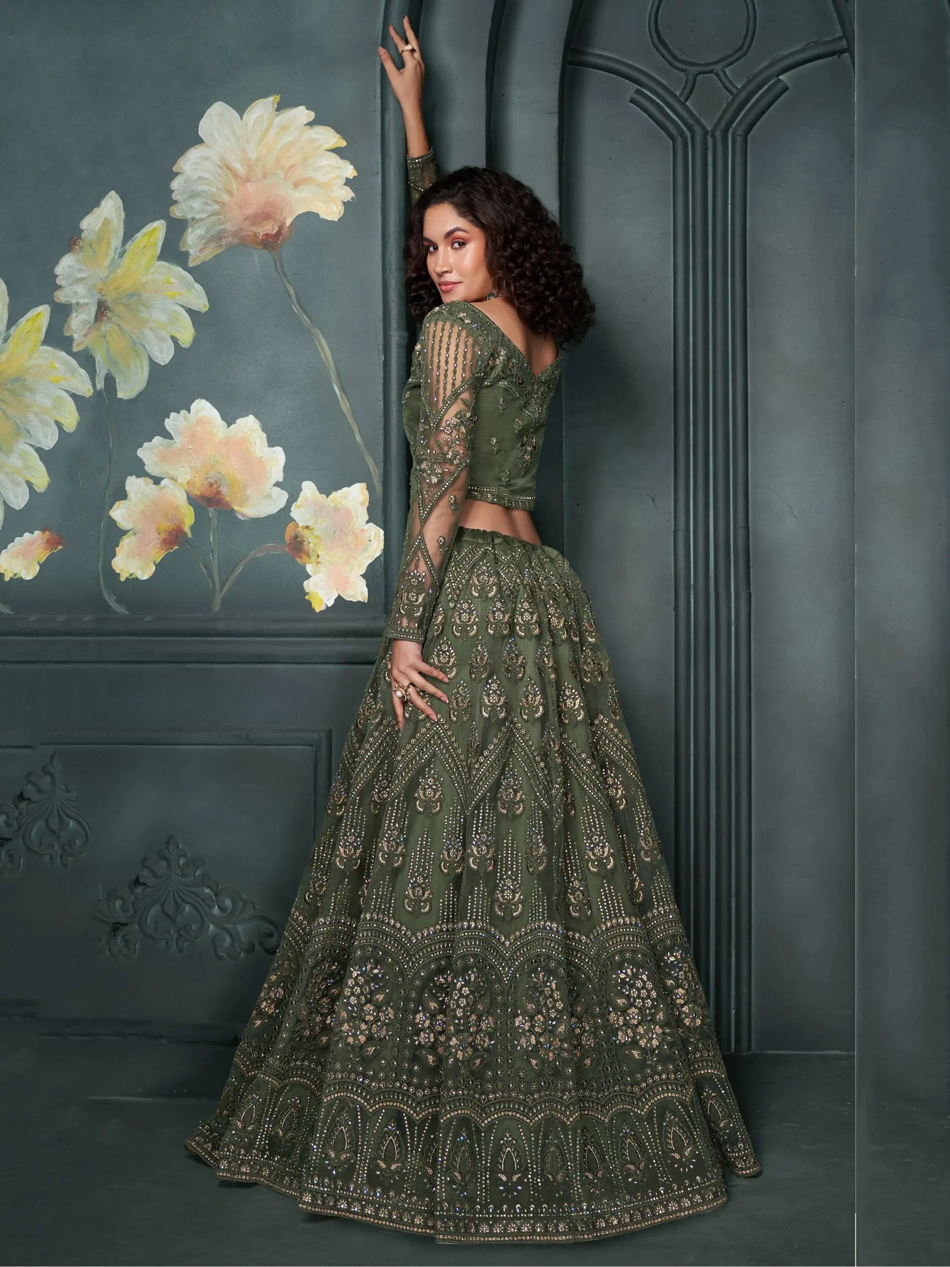 Alluring Olive Green Embroidered Net Mehendi Wear Lehenga Choli - Zeel Clothing