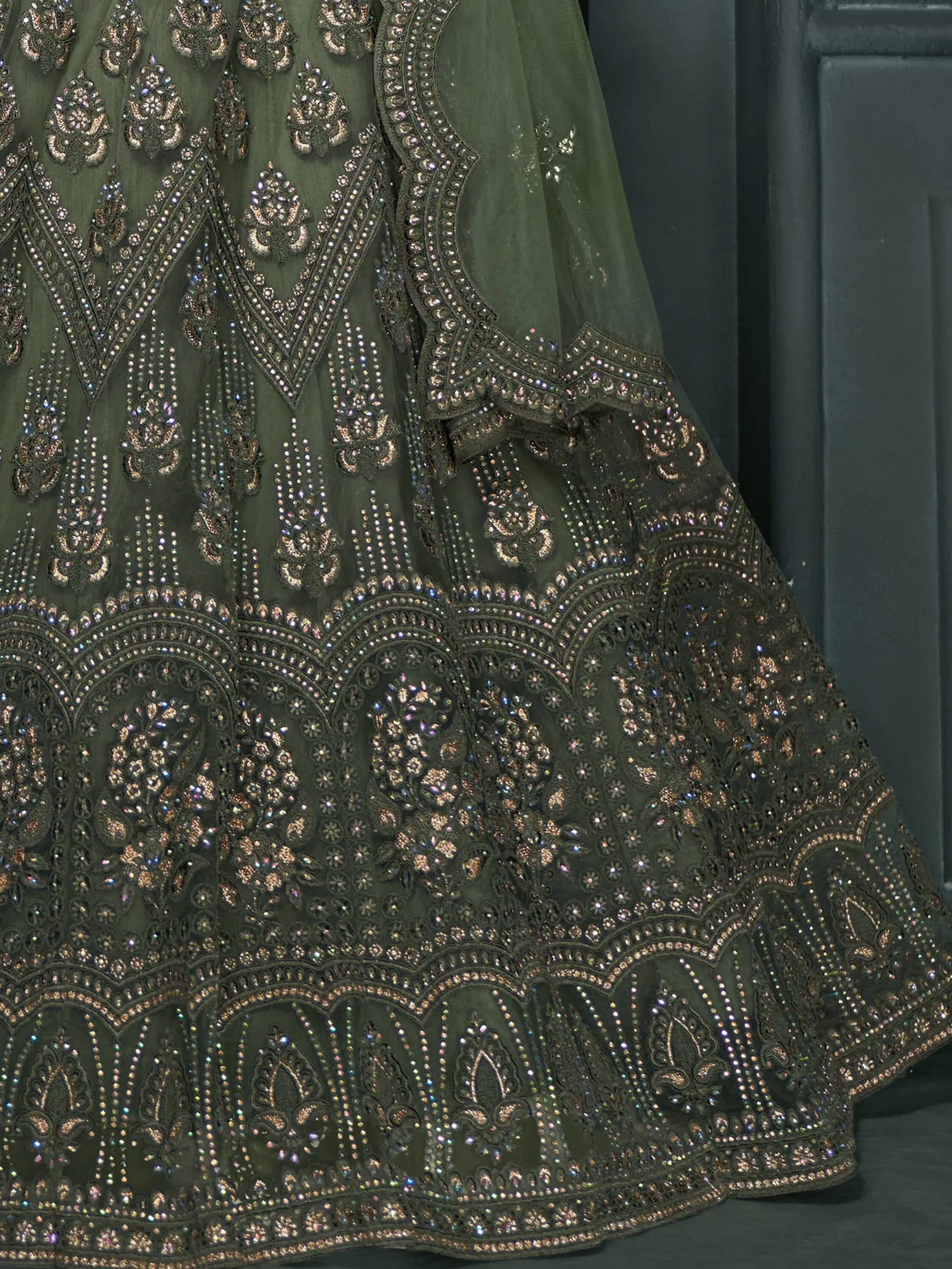 Alluring Olive Green Embroidered Net Mehendi Wear Lehenga Choli - Zeel Clothing