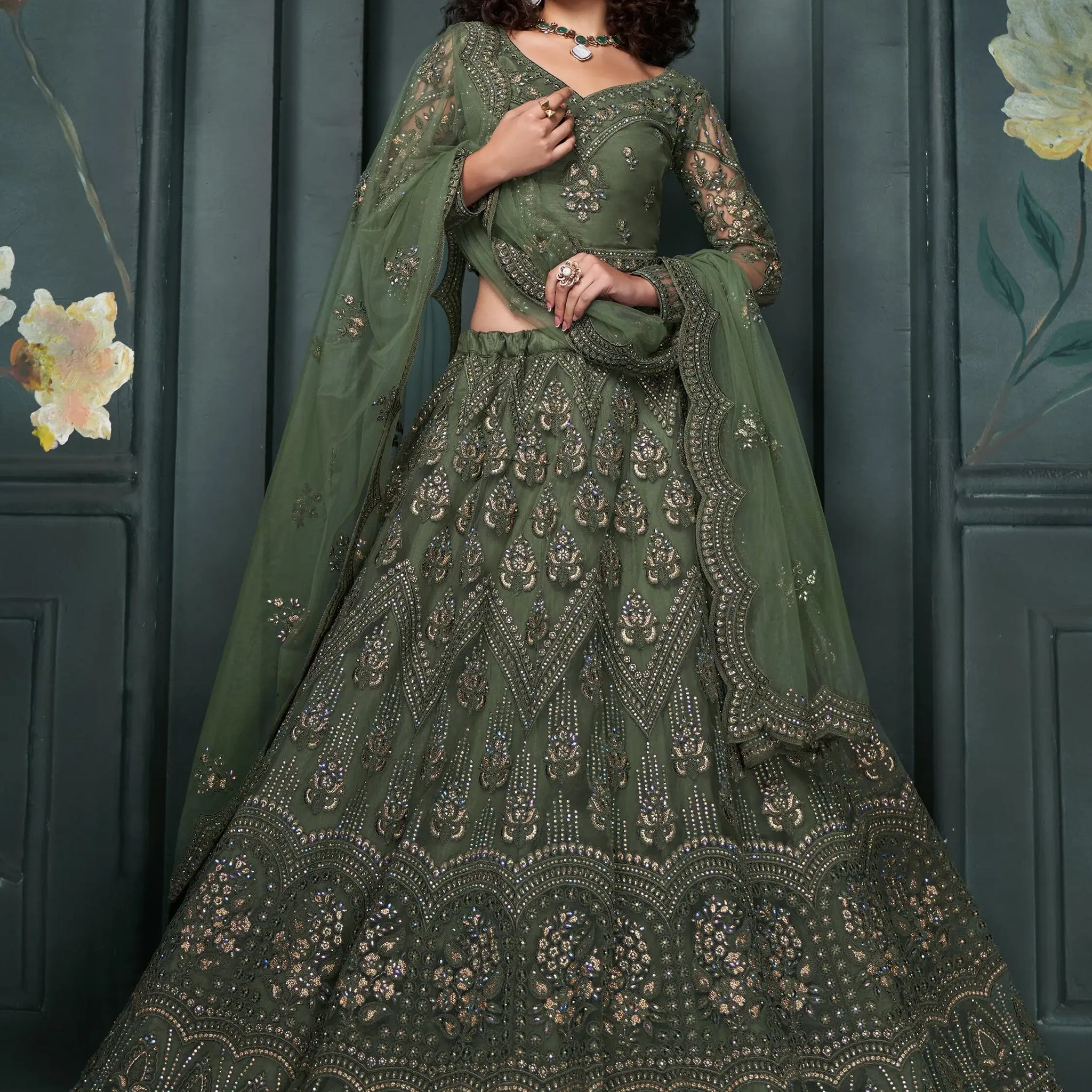 Alluring Olive Green Embroidered Net Mehendi Wear Lehenga Choli - Zeel Clothing