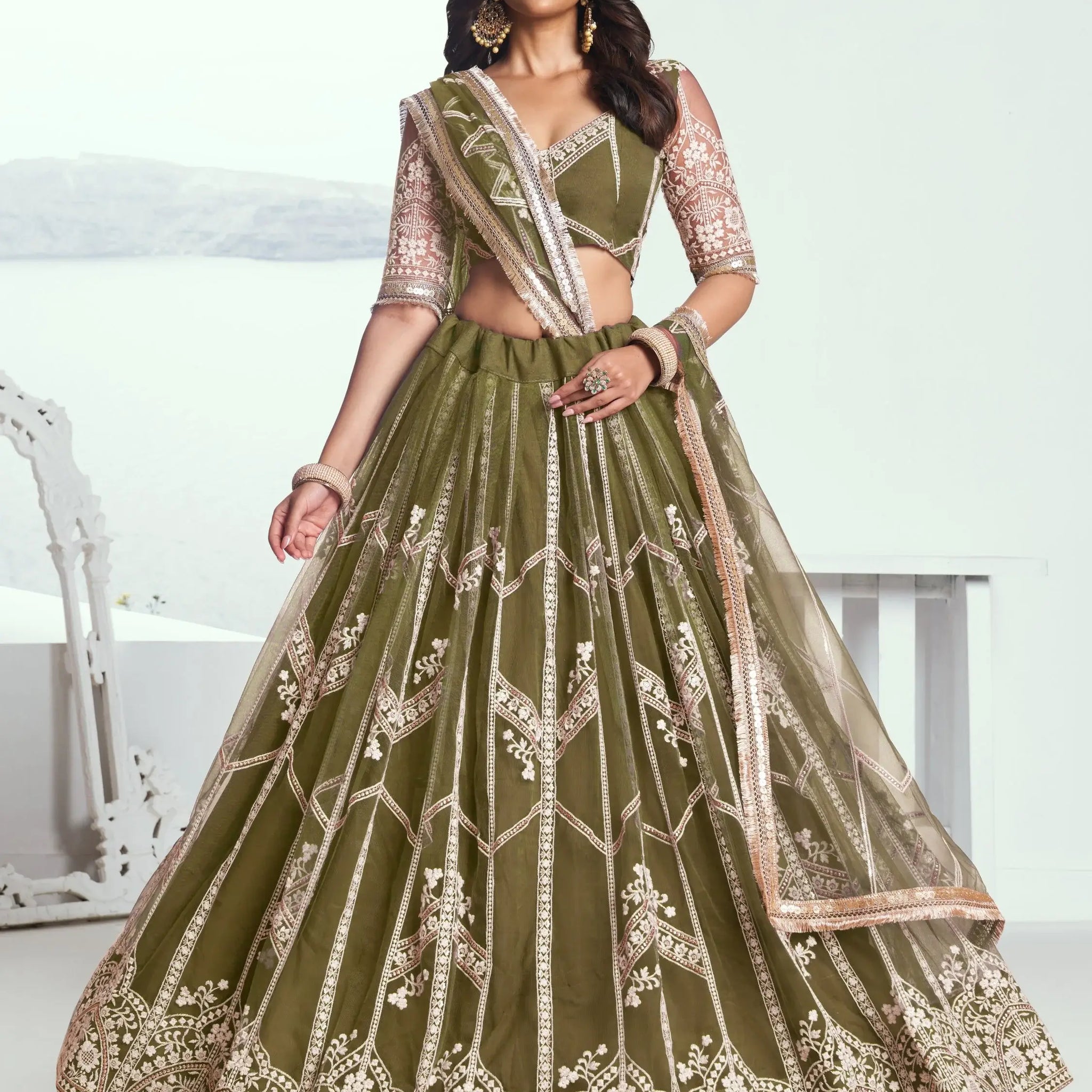 Alluring Olive Green Floral Embroidered Mehendi Wear Lehenga Choli - Zeel Clothing