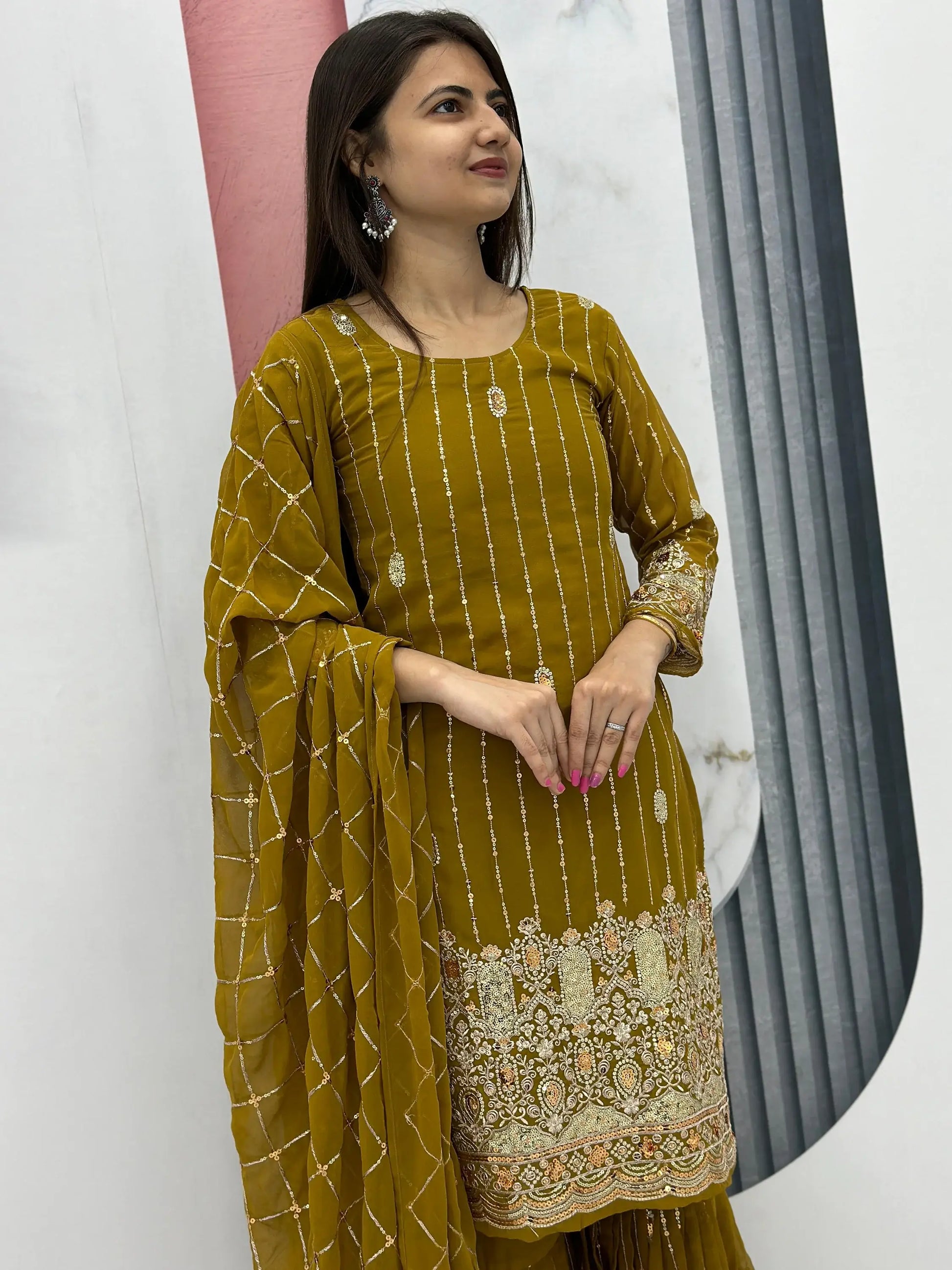 Alluring Olive Green Sequins Georgette Mehendi Wear Sharara Suit - Zeel Clothing