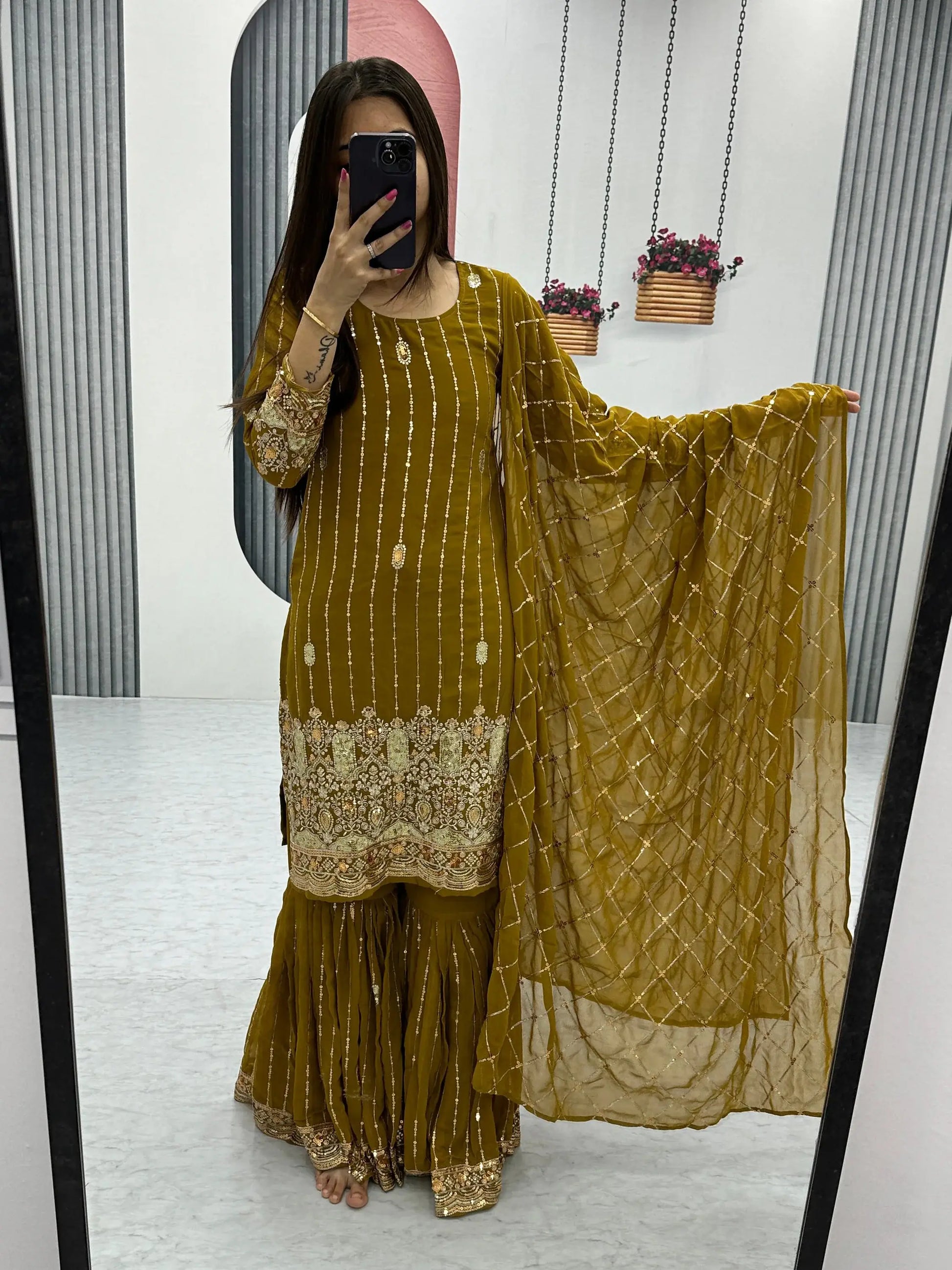 Alluring Olive Green Sequins Georgette Mehendi Wear Sharara Suit - Zeel Clothing