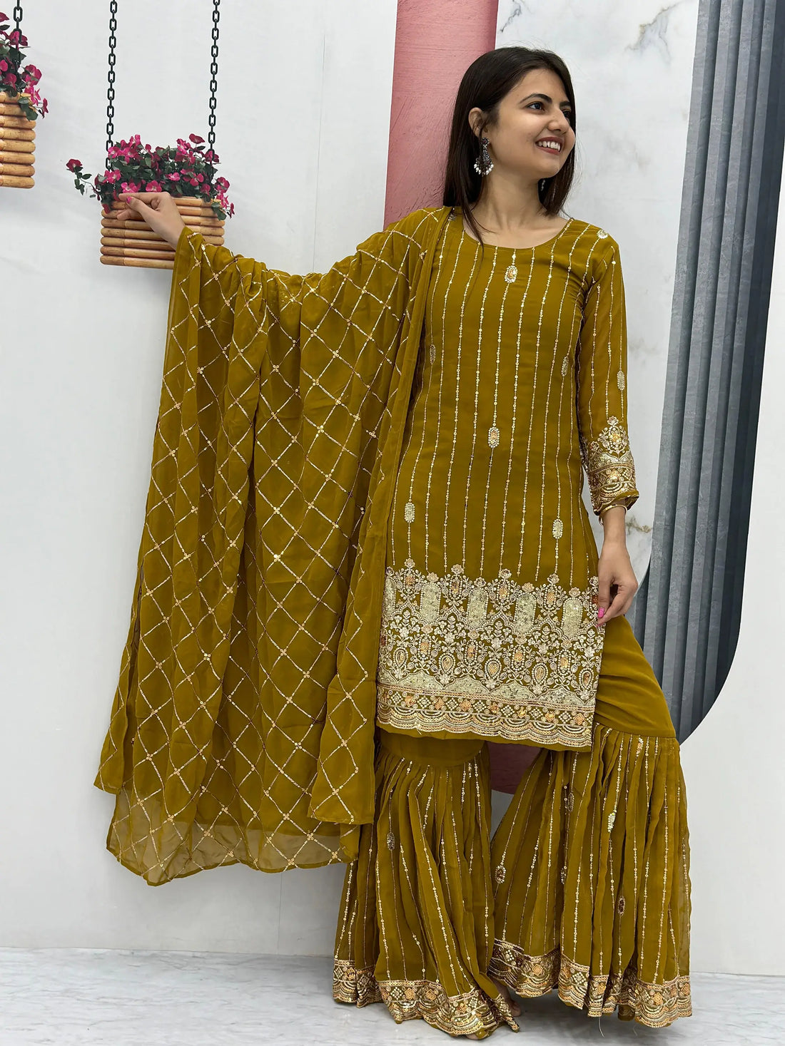 Alluring Olive Green Sequins Georgette Mehendi Wear Sharara Suit - Zeel Clothing